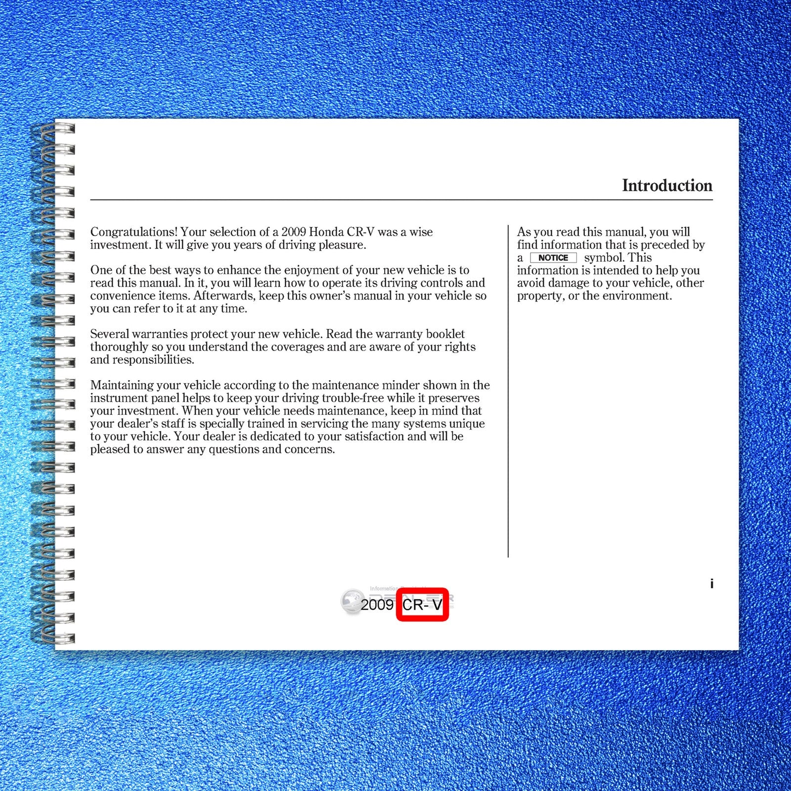 HONDA 2009 CR-V Owners Manual - STEEL WIRE BOUND - PROTECTIVE COVERS