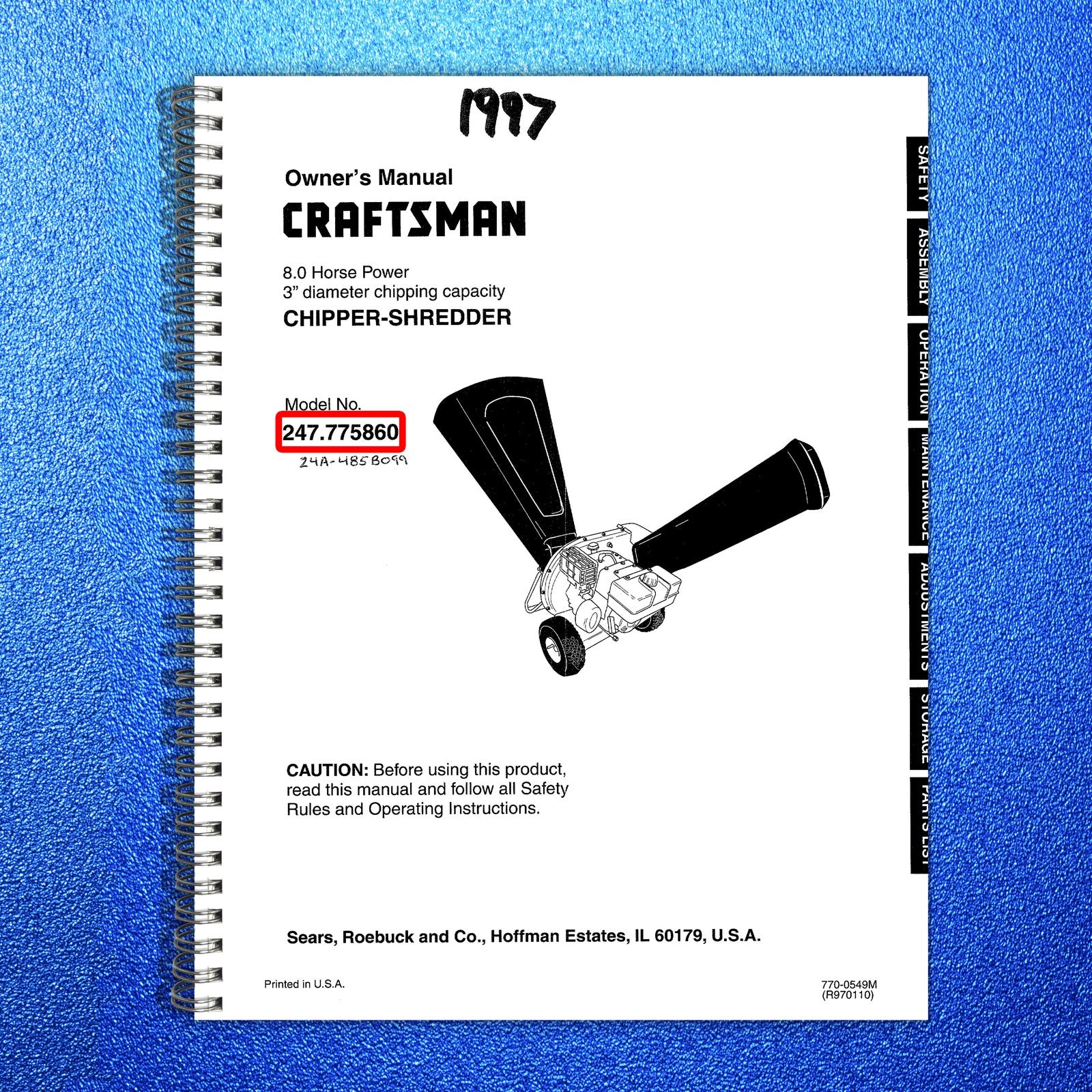 CRAFTSMAN 247775860 Chipper-Shredder Owners Manual - WIRE BOUND - TOUGH COVERS