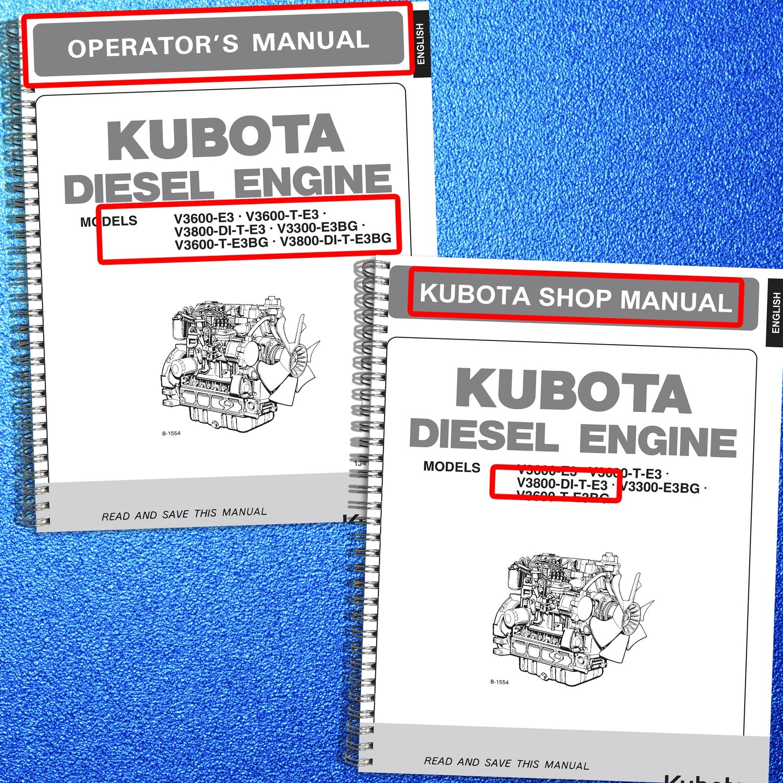 KUBOTA V3300 V3600 V3800 Engine Workshop & Operators Manual BUNDLE - WIRE BOUND