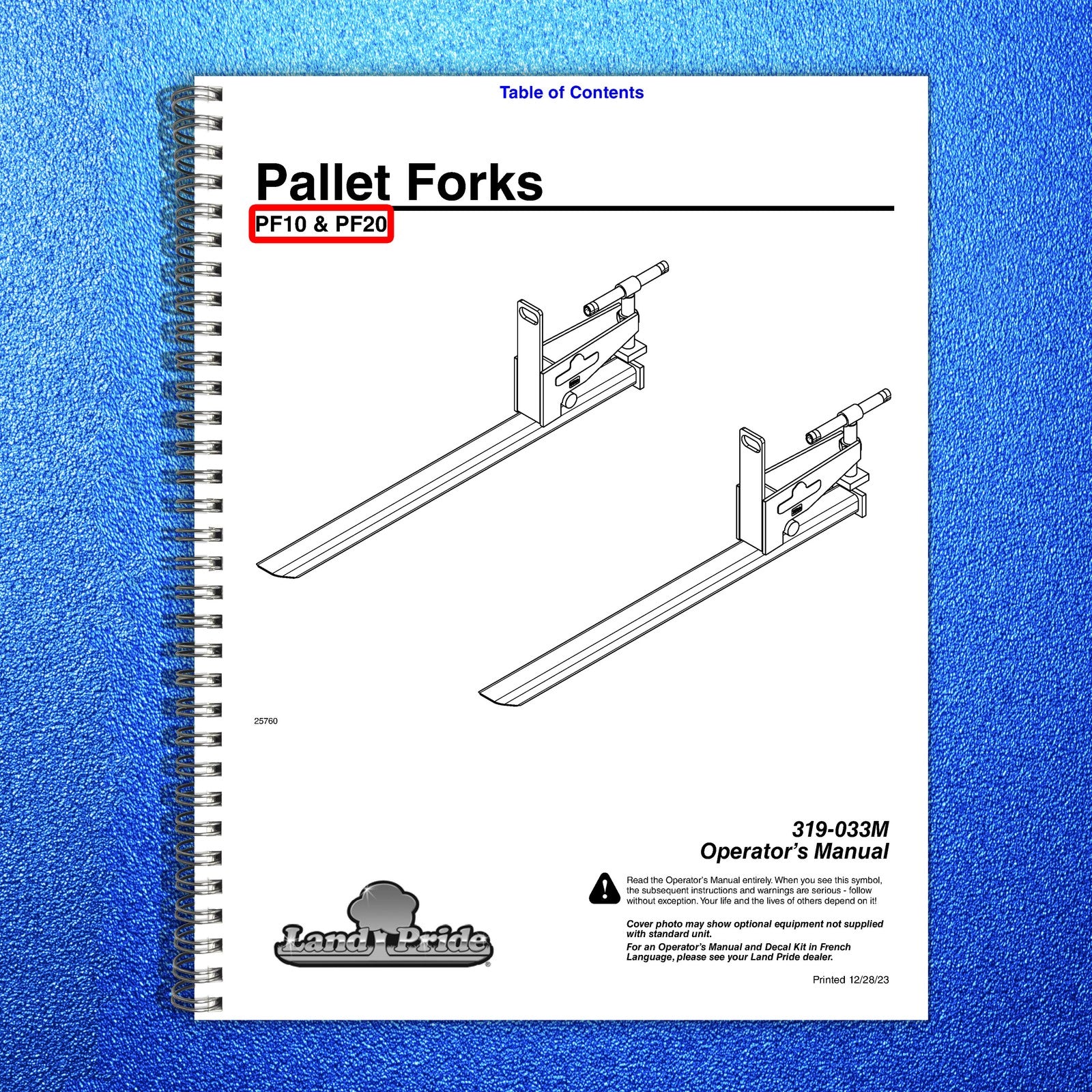 LAND PRIDE PF10 PF20 Series Pallet Forks Operators Manual - WIRE BOUND - COVERS