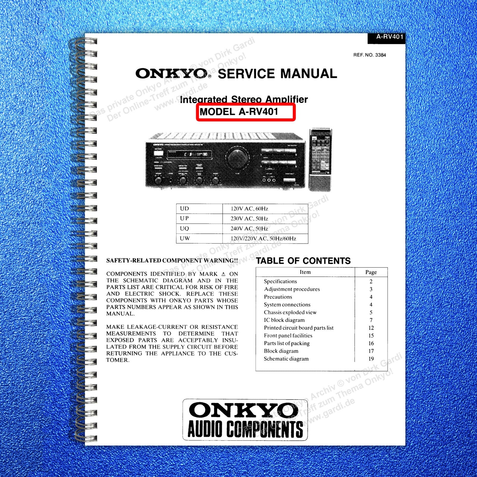 ONKYO A-8840 A-RV401 Service Manual - STEEL WIRE BOUND - PROTECTIVE COVERS