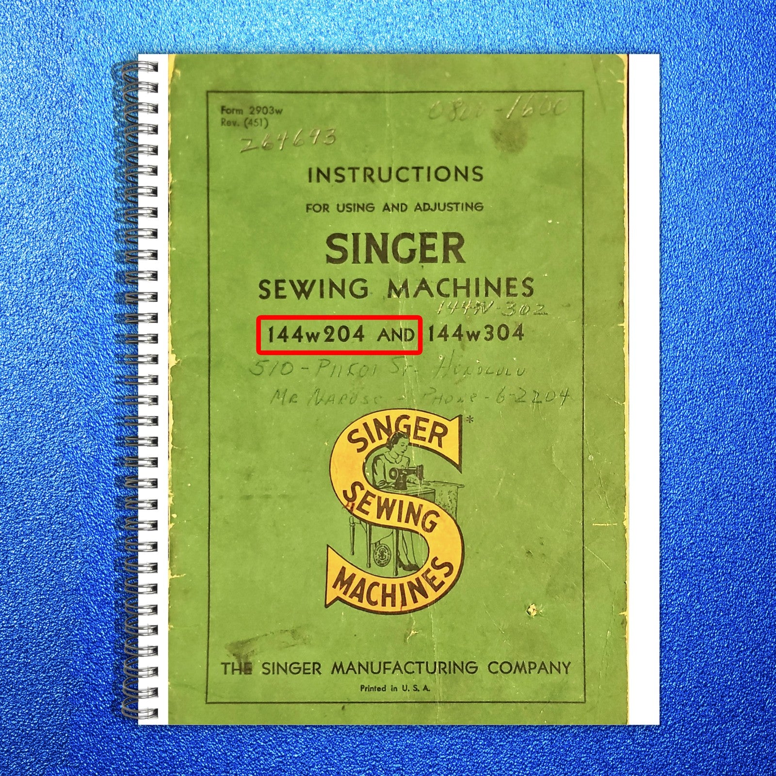 SINGER 144w204 144w304 Sewing Machine Instructions Manual 1945 - WIRE BOUND