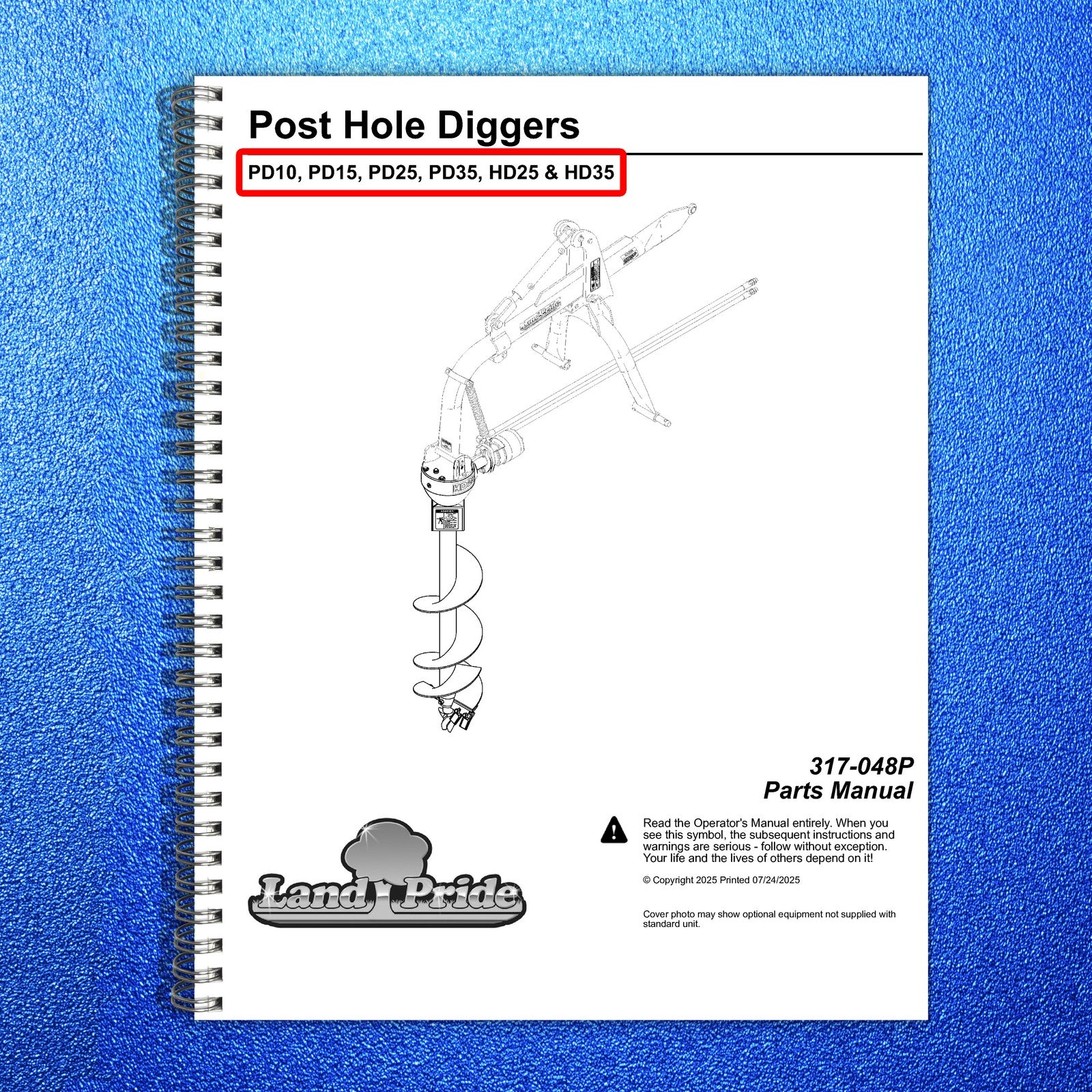 LAND PRIDE PD10 15 25 35 HD25 35 Post Hole Diggers Parts Manual 2025 - BOUND
