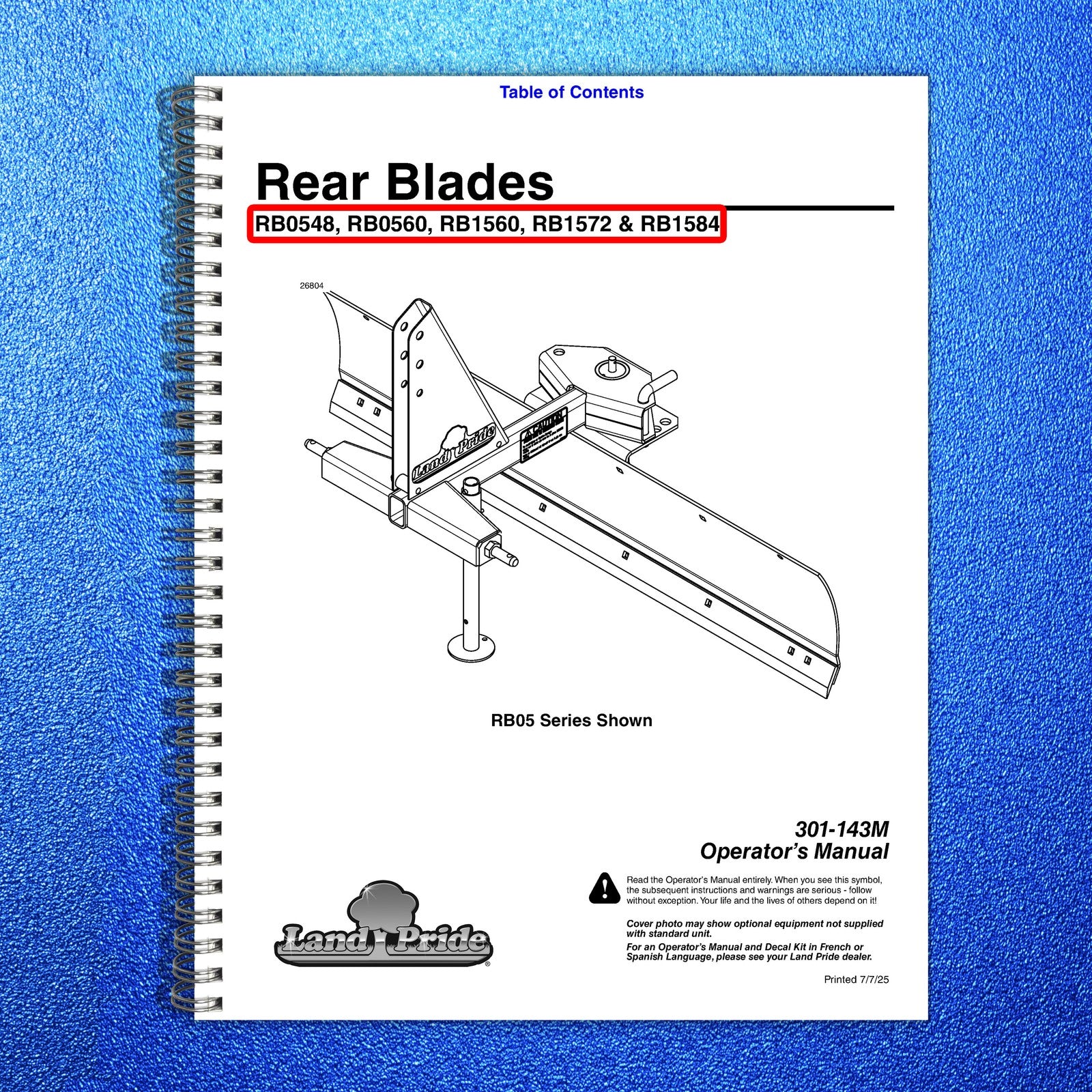 LAND PRIDE RB05 Series Rear Blades Operators Manual - WIRE BOUND - TOUGH COVERS
