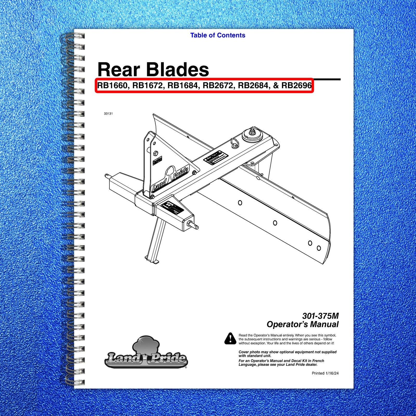 LAND PRIDE RB16 Series Rear Blades Operators Manual - WIRE BOUND - TOUGH COVERS