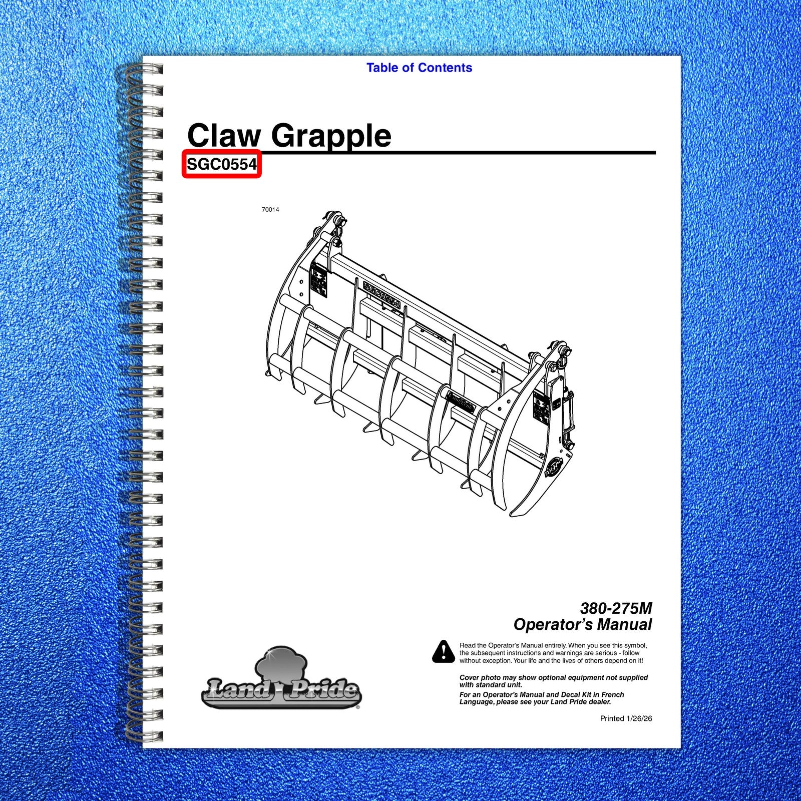 LAND PRIDE SGC0554 Claw Grapples Operators Manual - WIRE BOUND - TOUGH COVERS