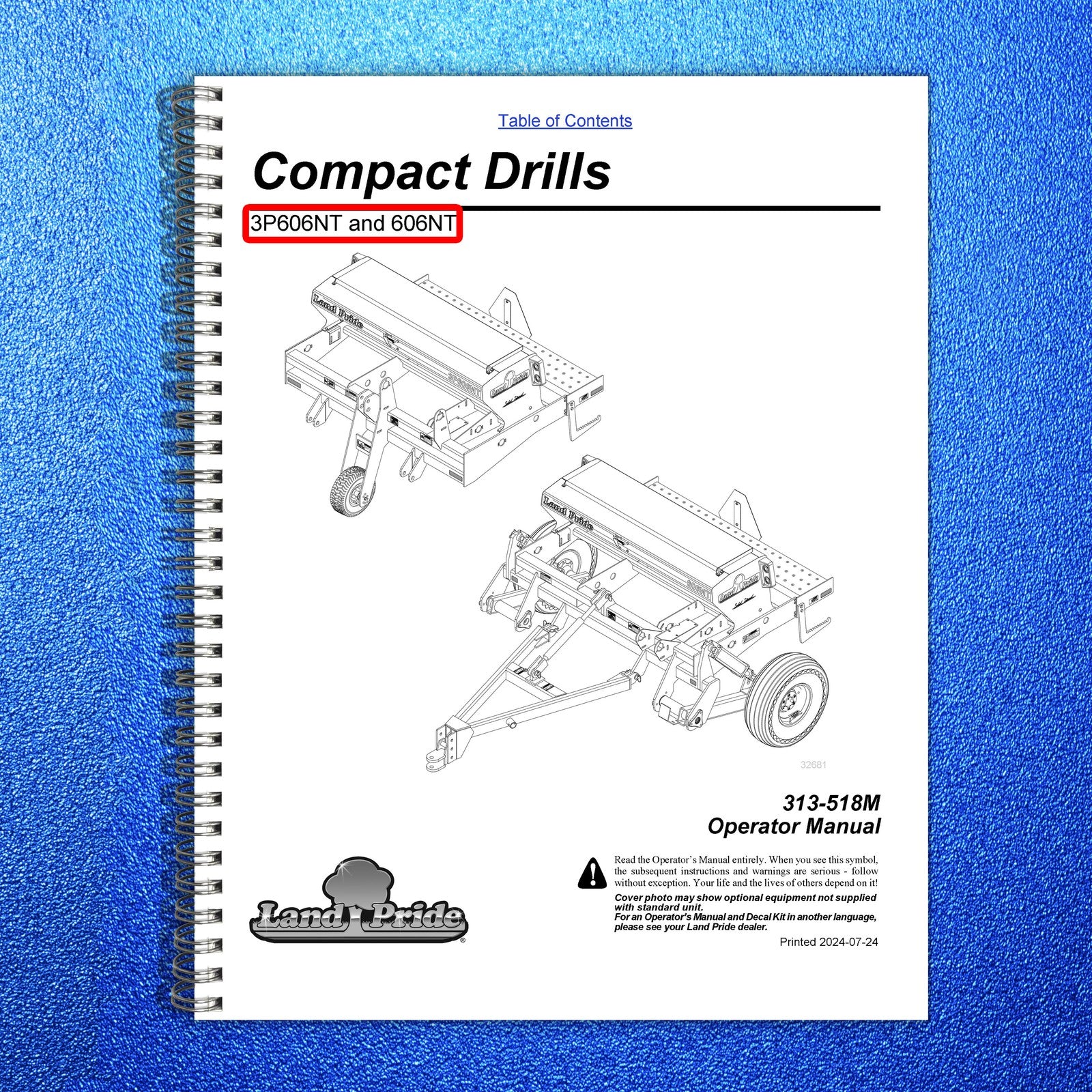 LAND PRIDE 3P606NT Compact Drills Operators Manual 2024 - WIRE BOUND - COVERS