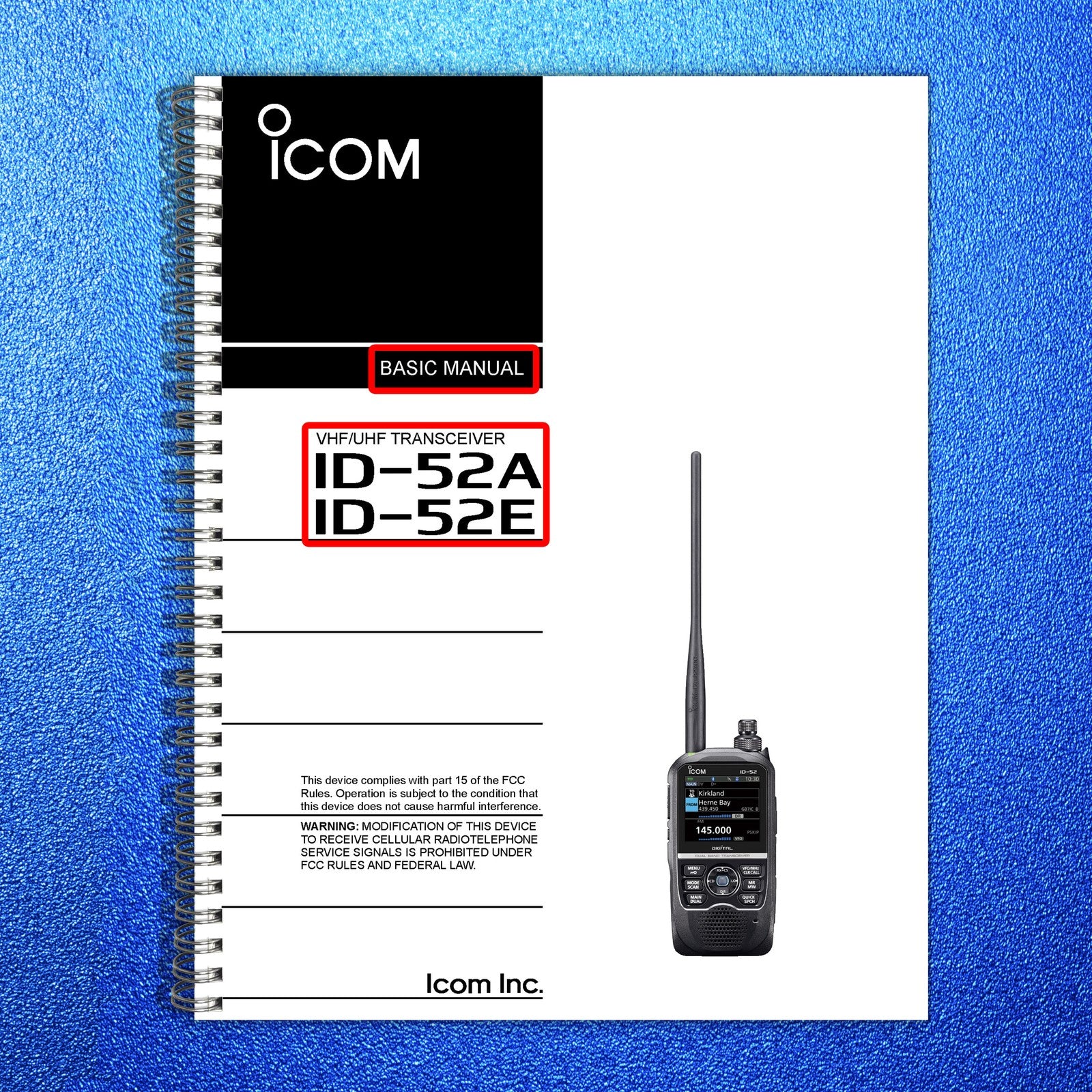 ICOM ID-52A ID-52E VHF UHF Transceiver Basic Manual - WIRE BOUND - TOUGH COVERS