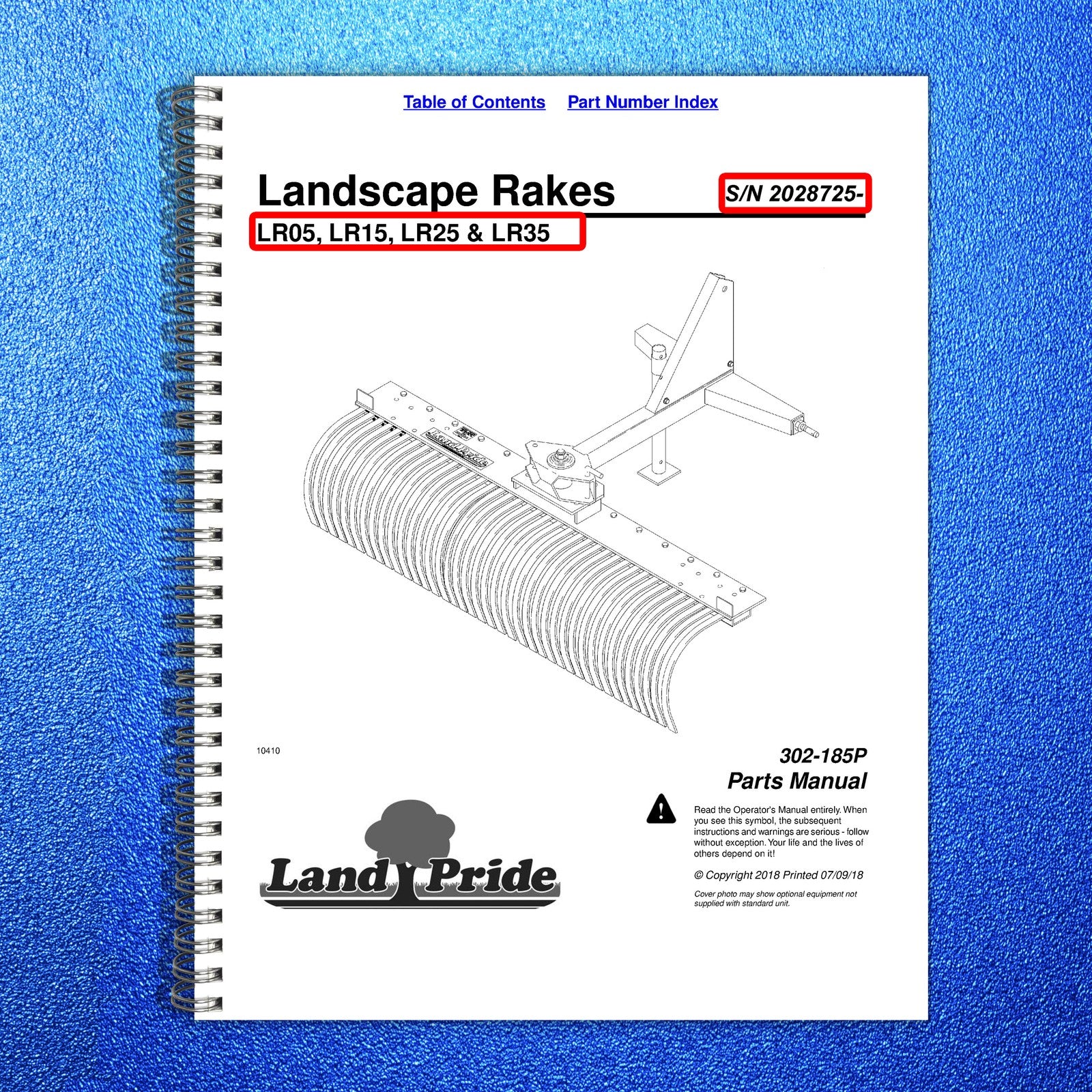 LAND PRIDE LR05 Series Landscape Rakes Parts Manual 2018 - WIRE BOUND - COVERS