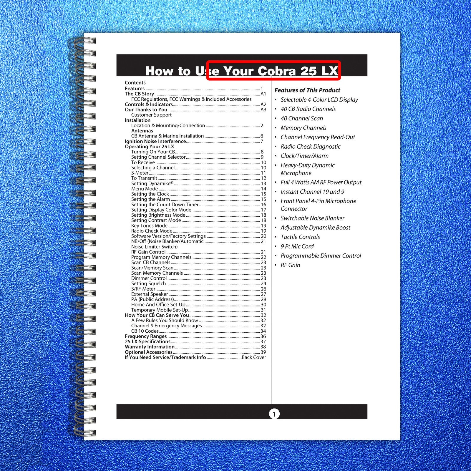 COBRA 25 LX CB Radio Owners Manual - BOUND - COVERS - XL FOLDOUT PAGES