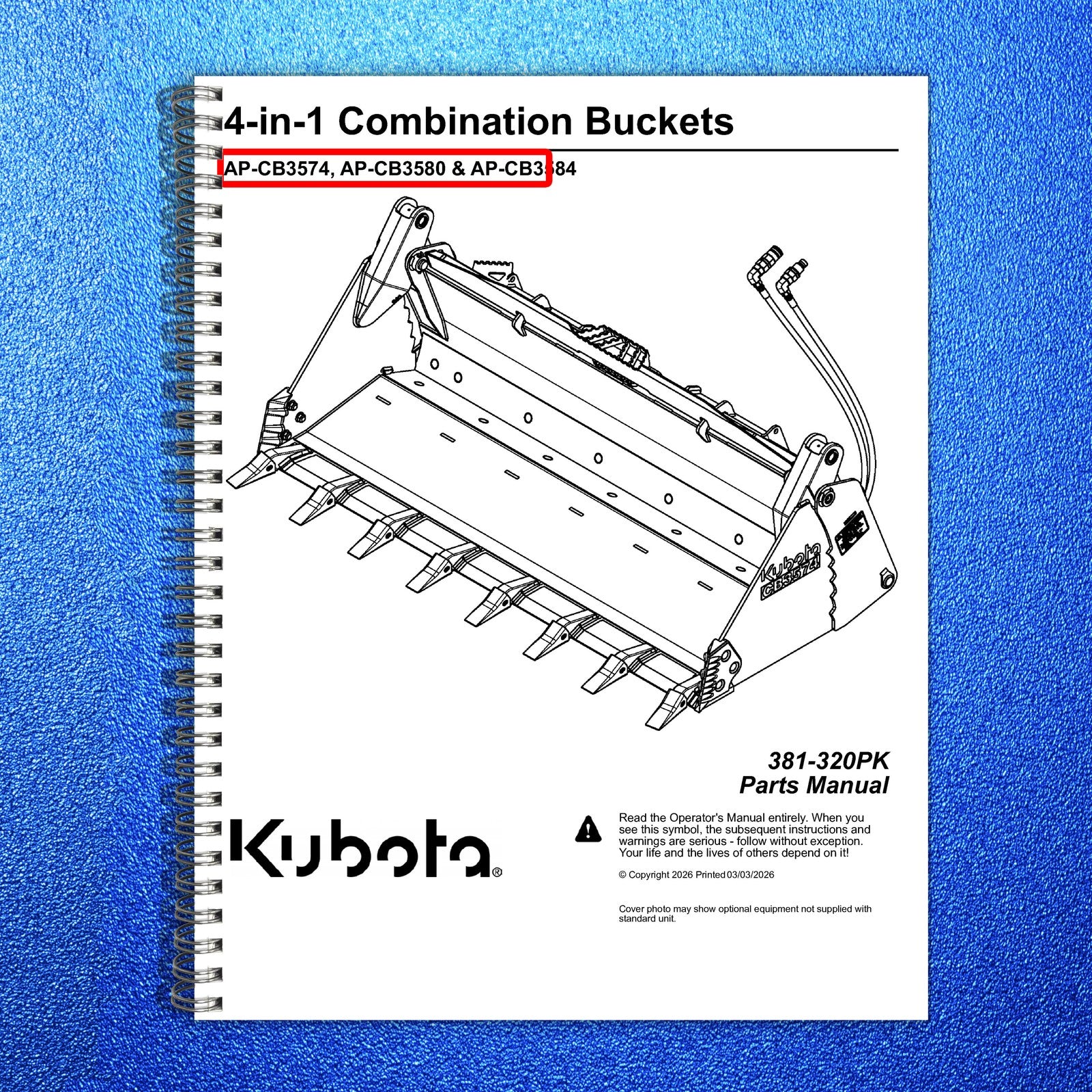 LAND PRIDE CB35 Series Combination Bucket Parts Manual 2026 - WIRE BOUND
