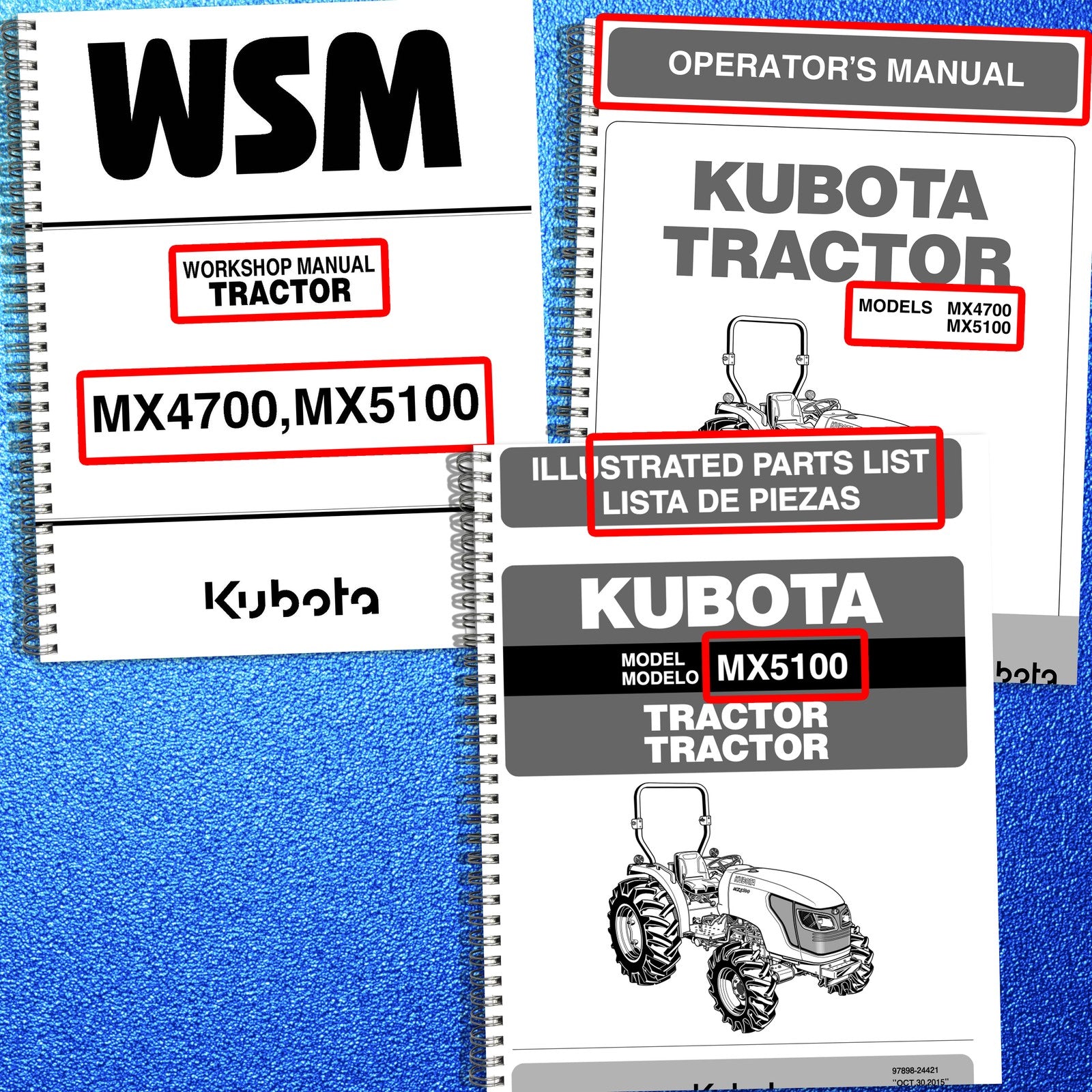 KUBOTA MX4700 MX5100 Workshop Operators & Parts Manual BUNDLE - WIRE BOUND