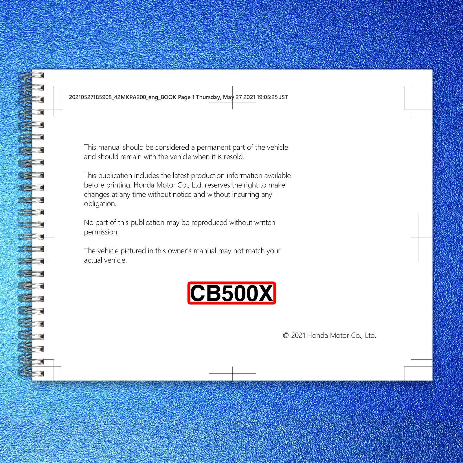 HONDA CB500X ED U KO Motorcycle Owners Manual 2022 - WIRE BOUND - TOUGH COVERS