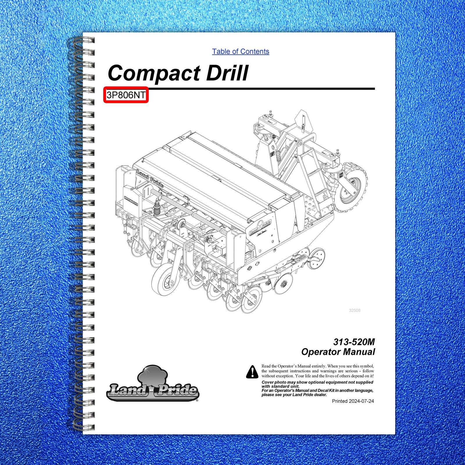 LAND PRIDE 3P806NT Compact Drills Operators Manual 2024 - WIRE BOUND - COVERS