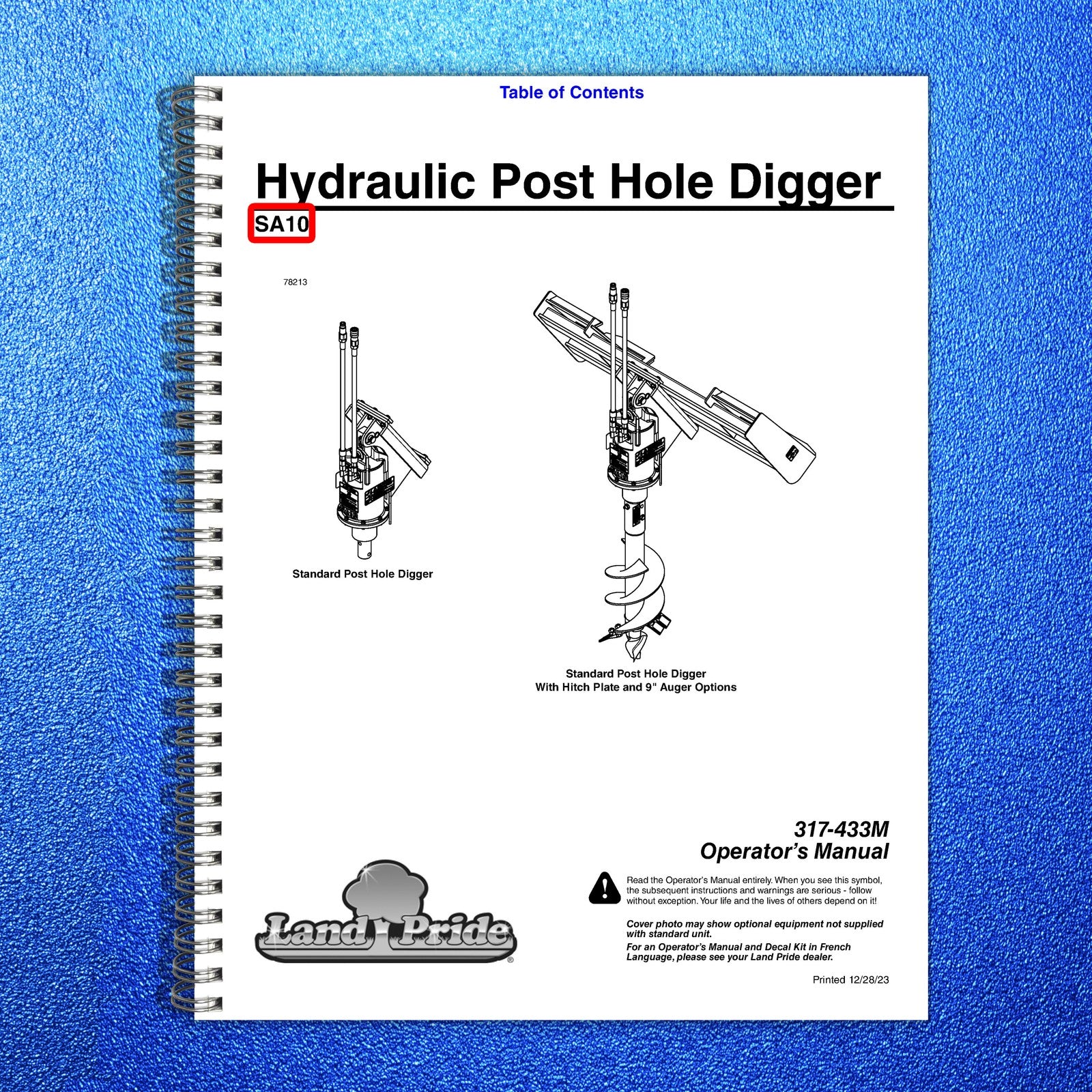 LAND PRIDE SA10 Series Hydraulic Post Hole Digger Operators Manual - WIRE BOUND