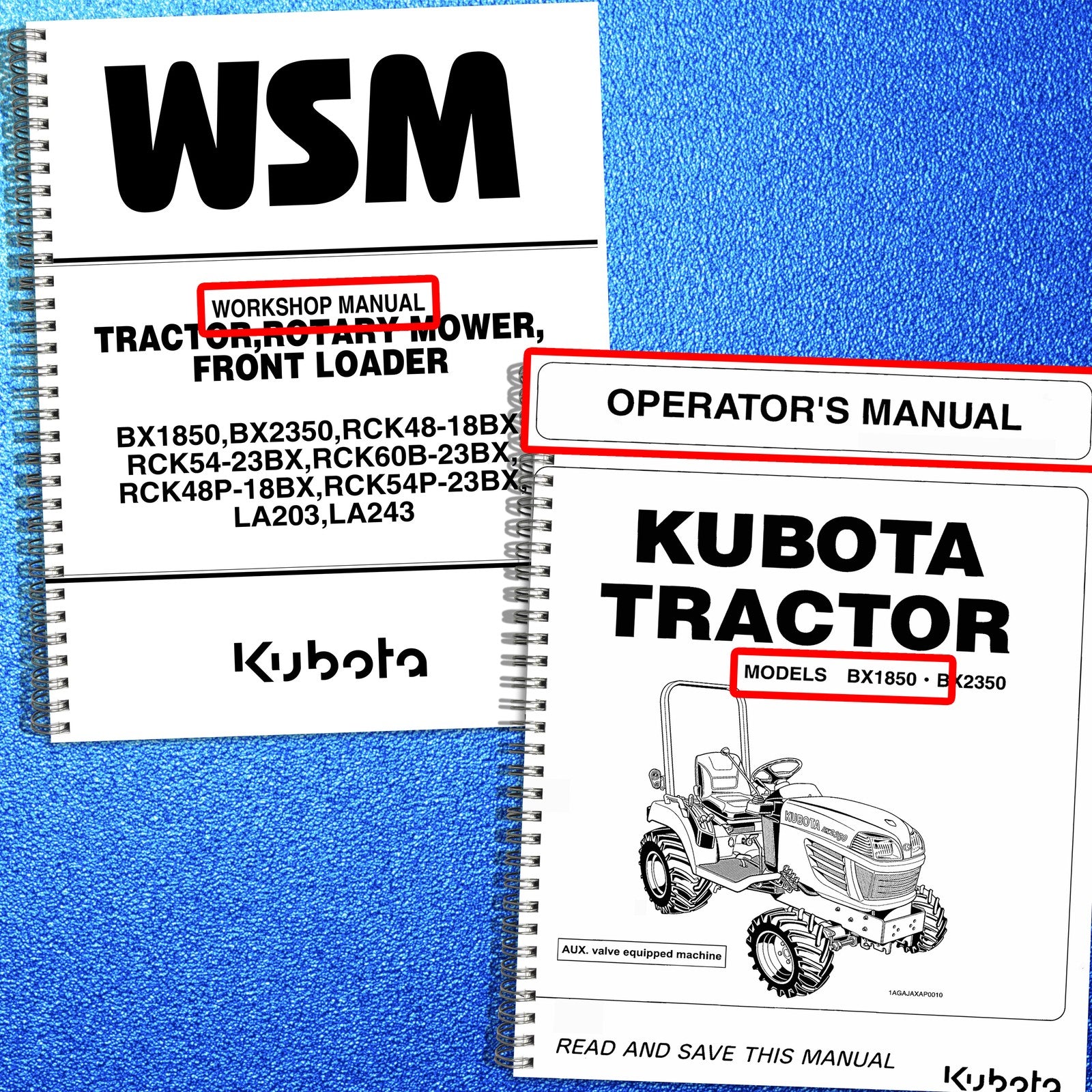 KUBOTA BX1850 BX2350 Workshop & Operators Manual BUNDLE - WIRE BOUND - COVERS