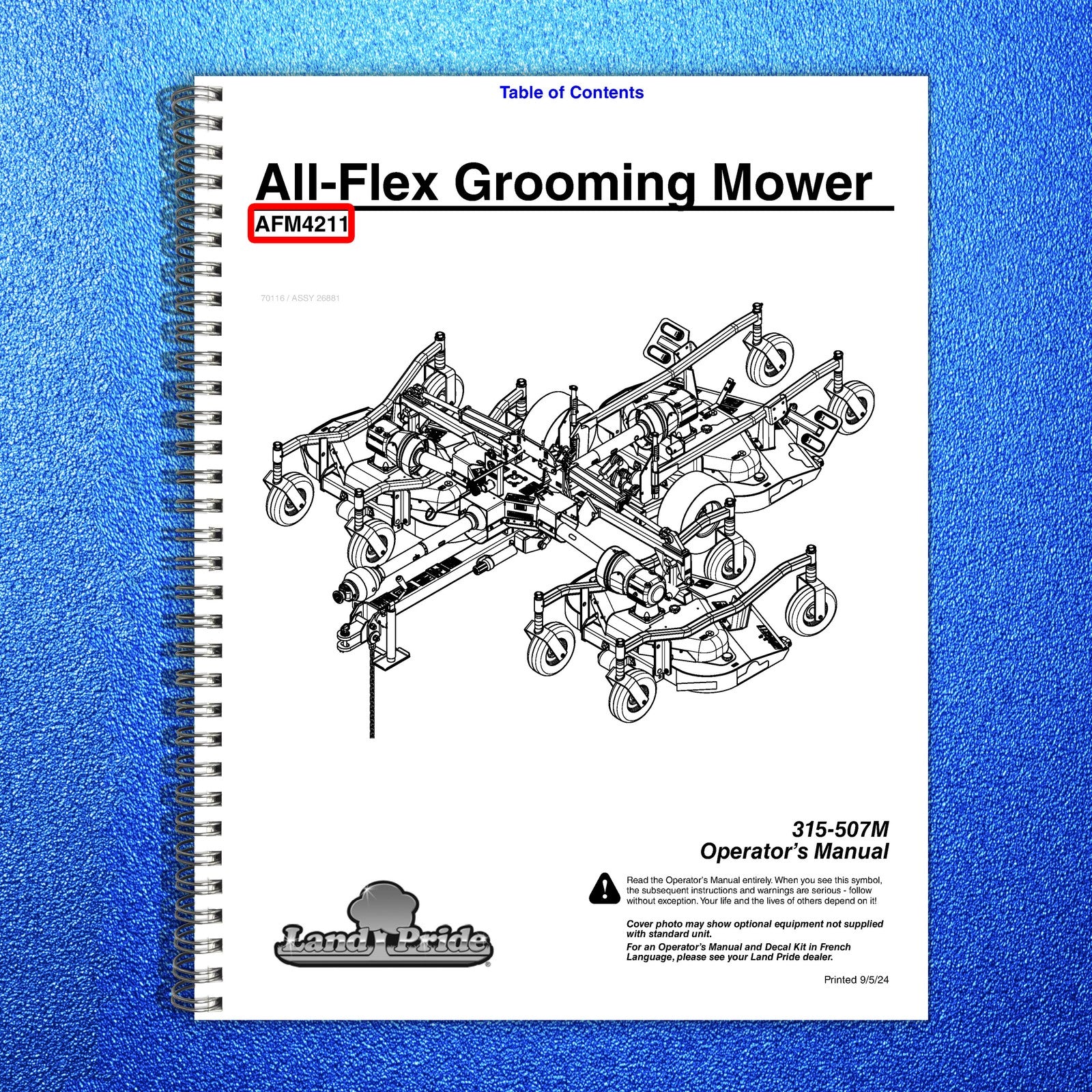 LAND PRIDE AFM4211 All-flex Mowers Operators Manual - WIRE BOUND - TOUGH COVERS