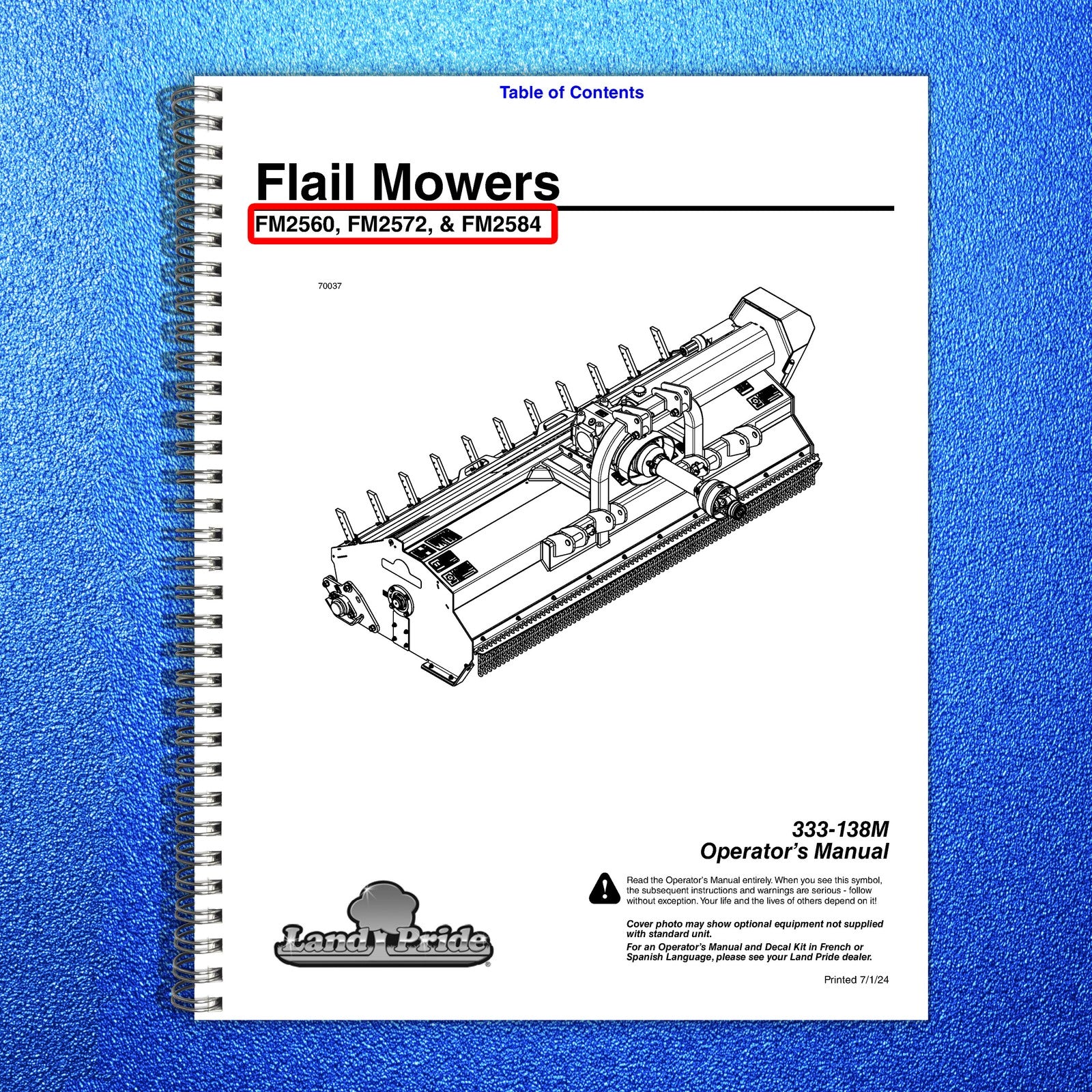 LAND PRIDE FM25 Series Flail Mowers Operators Manual - WIRE BOUND - TOUGH COVERS