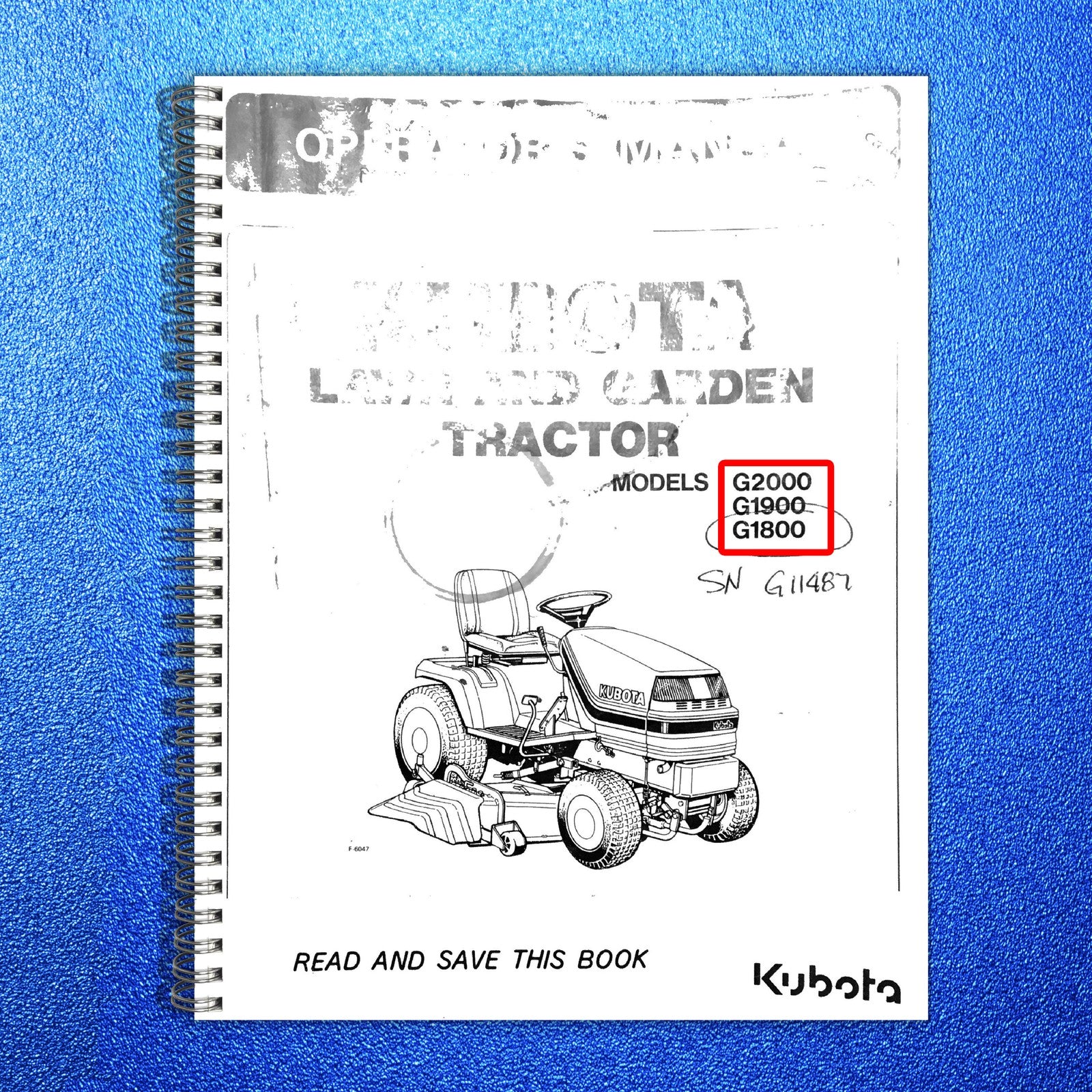 KUBOTA G2000 G1900 G1800 Operators Manual - STEEL WIRE BOUND - PROTECTIVE COVERS