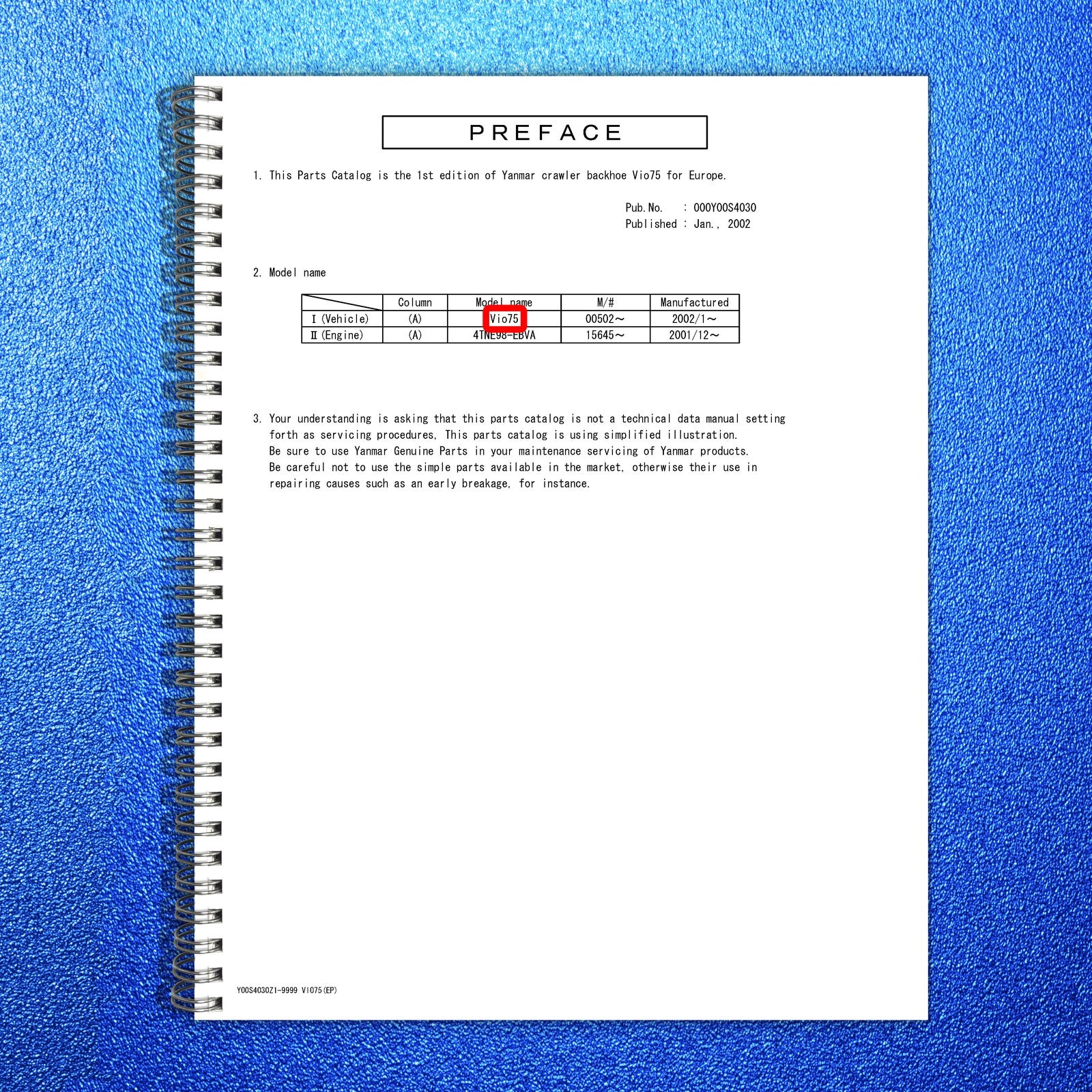 YANMAR ViO75 Excavator Parts Catalog Manual - BOUND - COVERS - XL FOLDOUT PAGES