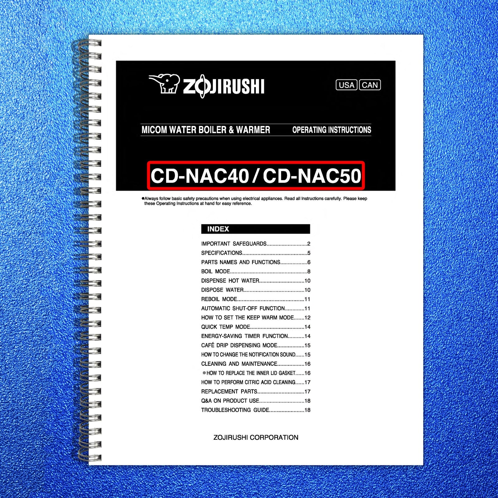 ZOJIRUSHI CD-NAC40 50 Micom Water Boiler Operating Instructions Manual - BOUND