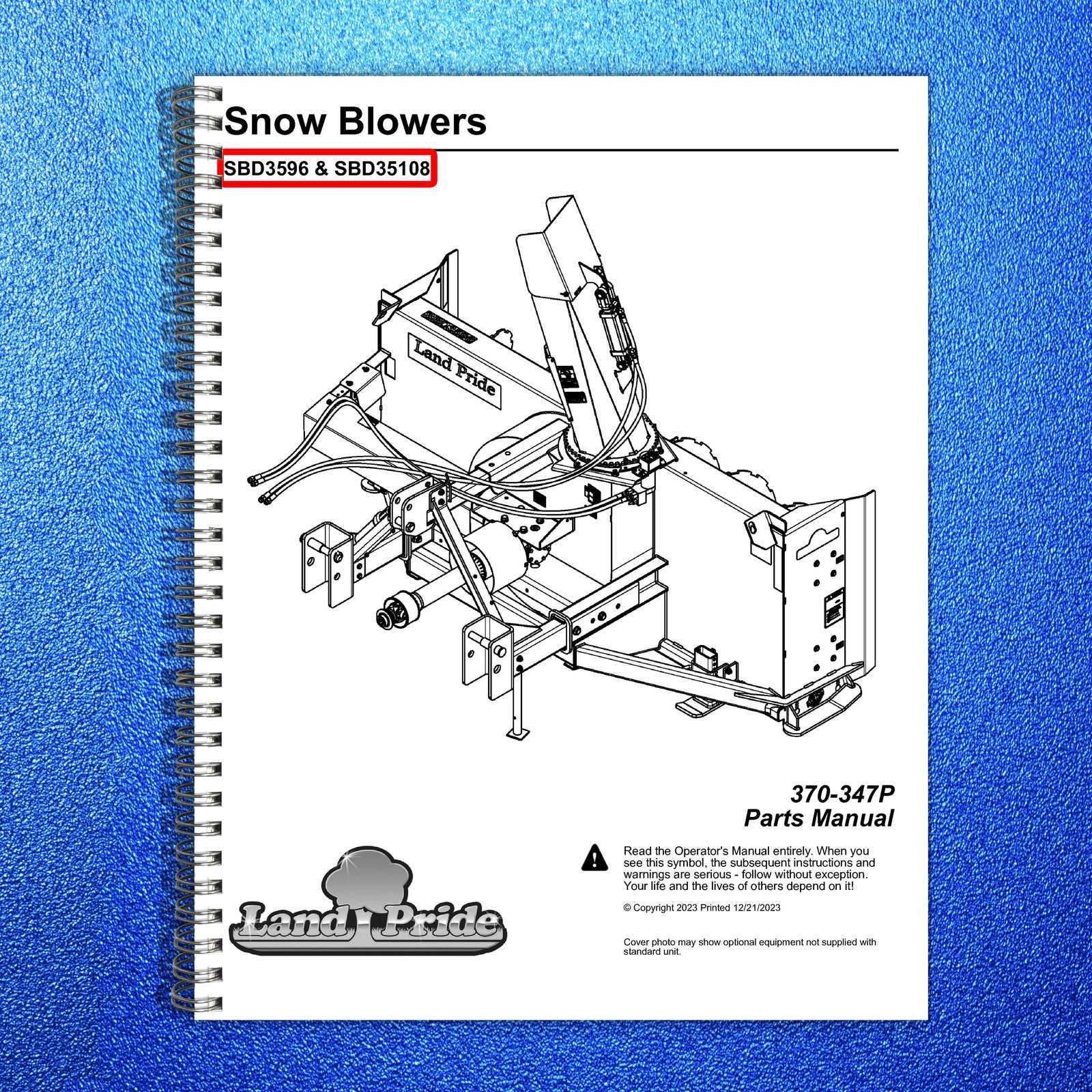 LAND PRIDE SBD3596 Series Snow Blowers Parts Manual 2023 - WIRE BOUND - COVERS