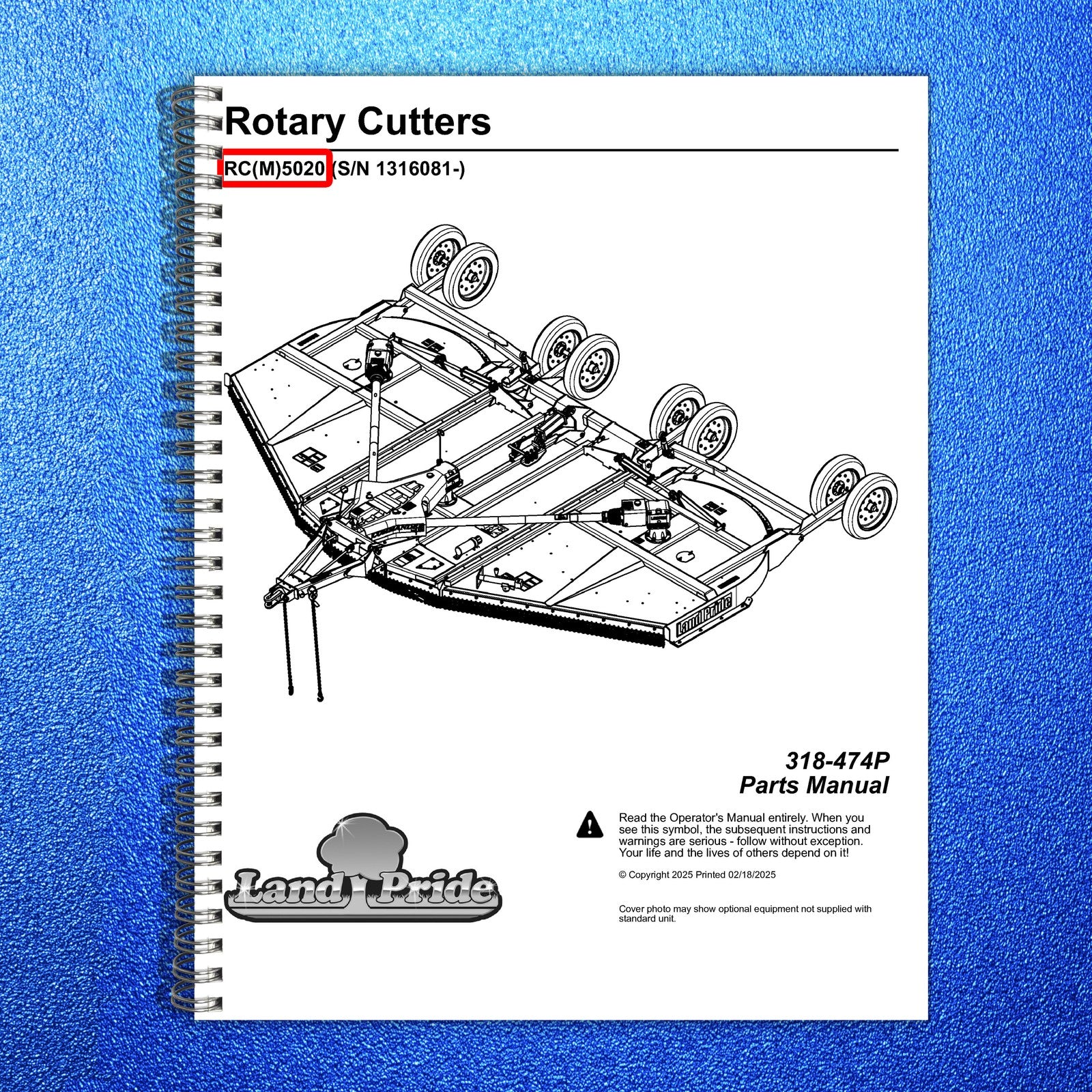 LAND PRIDE RC5020 Rotary Cutters Parts Manual 2025 - WIRE BOUND - TOUGH COVERS