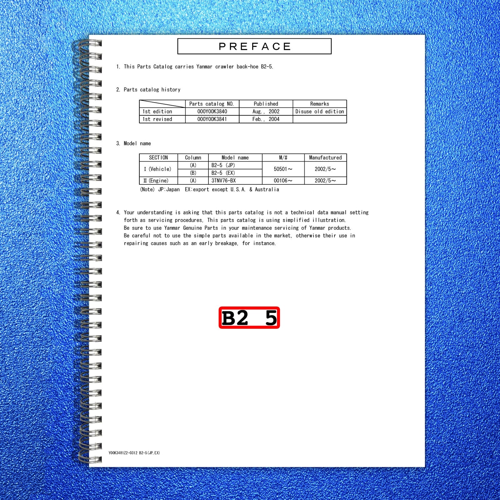YANMAR B2-5 Crawler Backhoe Parts Catalog Manual - BOUND - COVERS - XL FOLDOUTS
