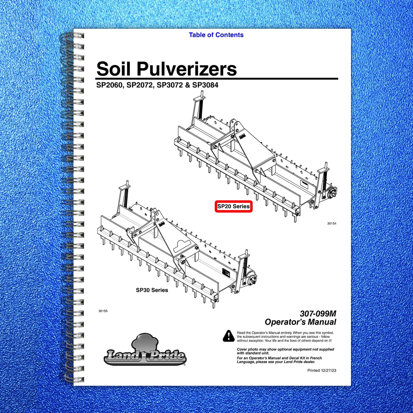 LAND PRIDE SP20 Series Soil Pulverizers Operators Manual - WIRE BOUND - COVERS