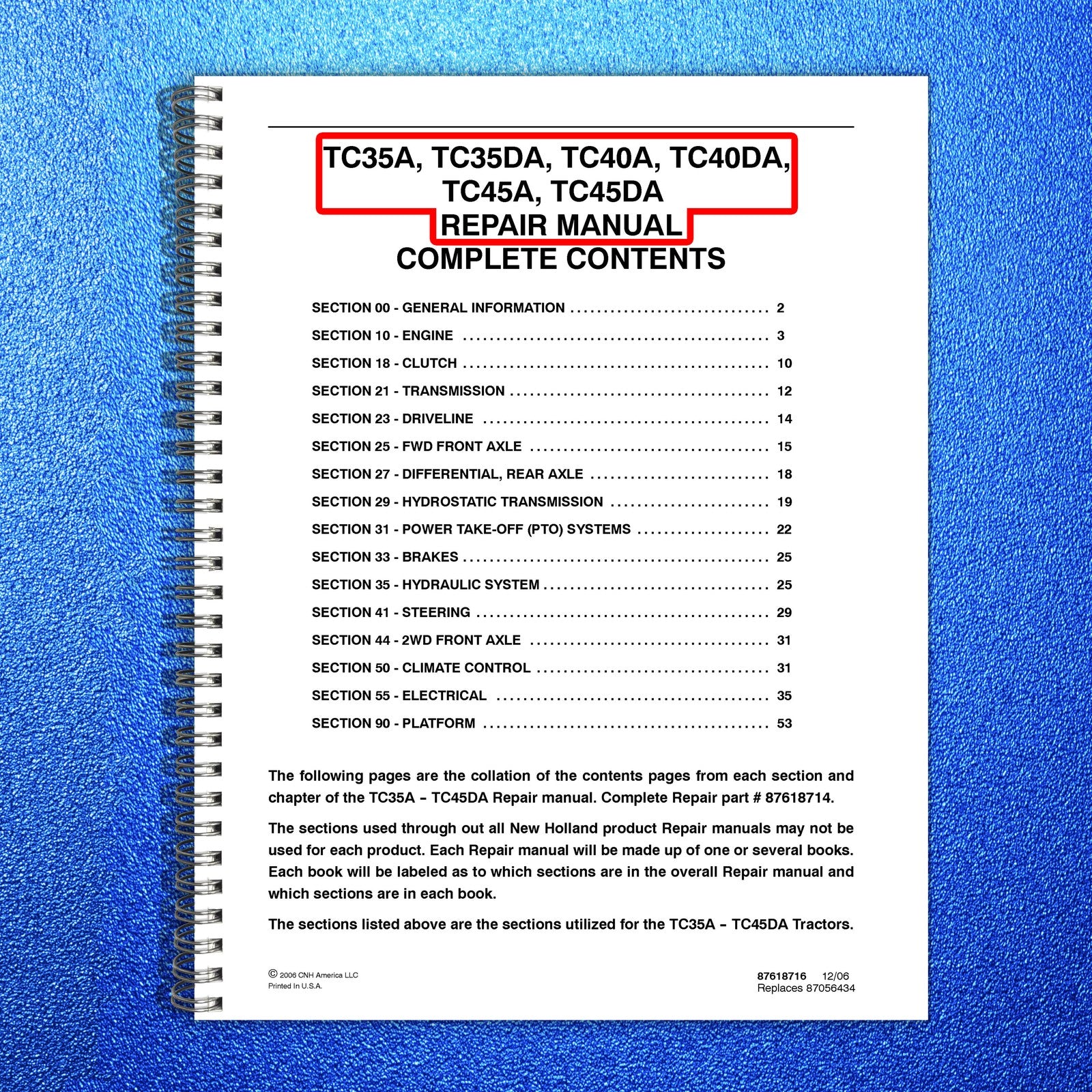 NEW HOLLAND TC35A TC35DA TC40A TC40DA and More Service Manual - WIRE BOUND