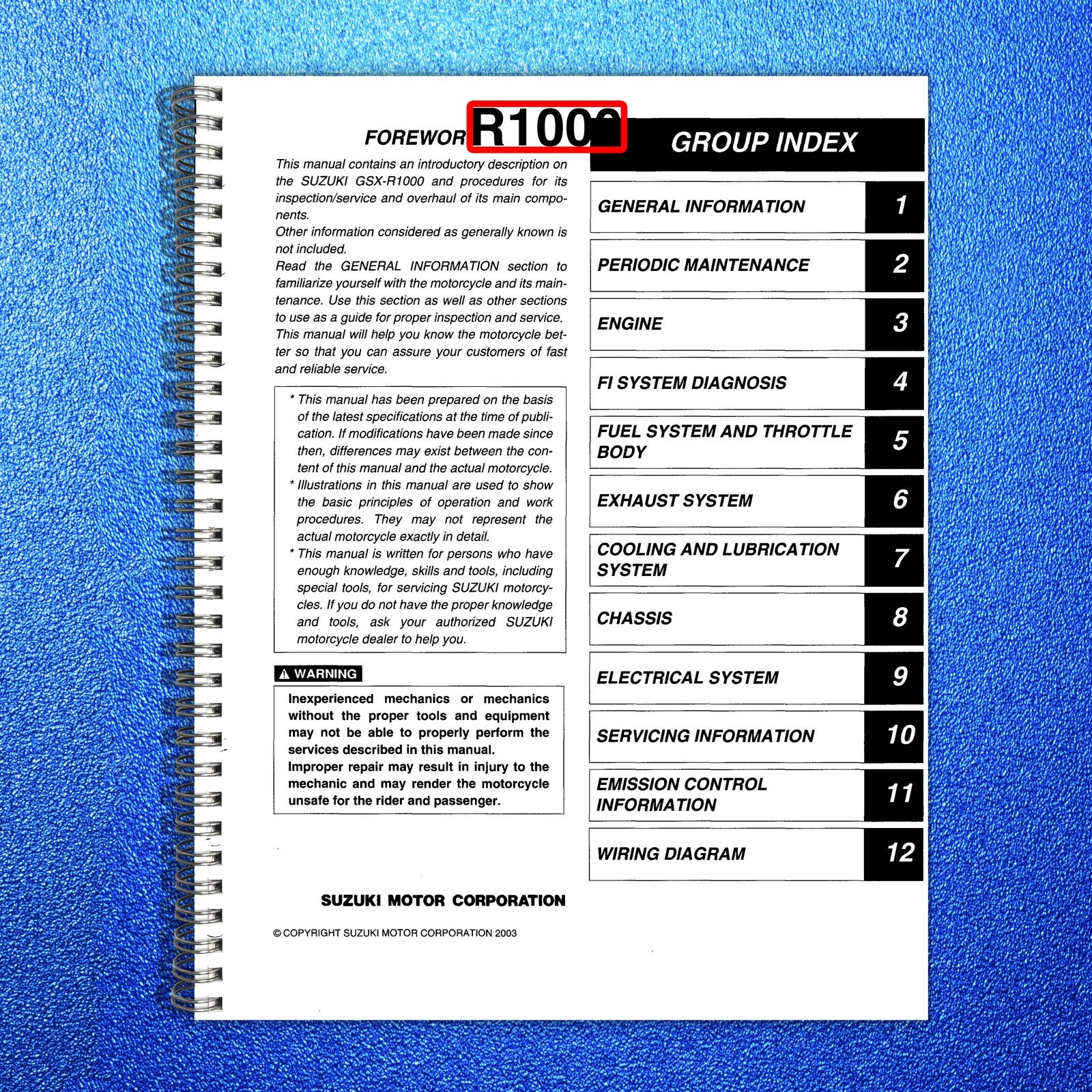 SUZUKI GSX-R1000 Service Manual 2003 - STEEL WIRE BOUND - PROTECTIVE COVERS
