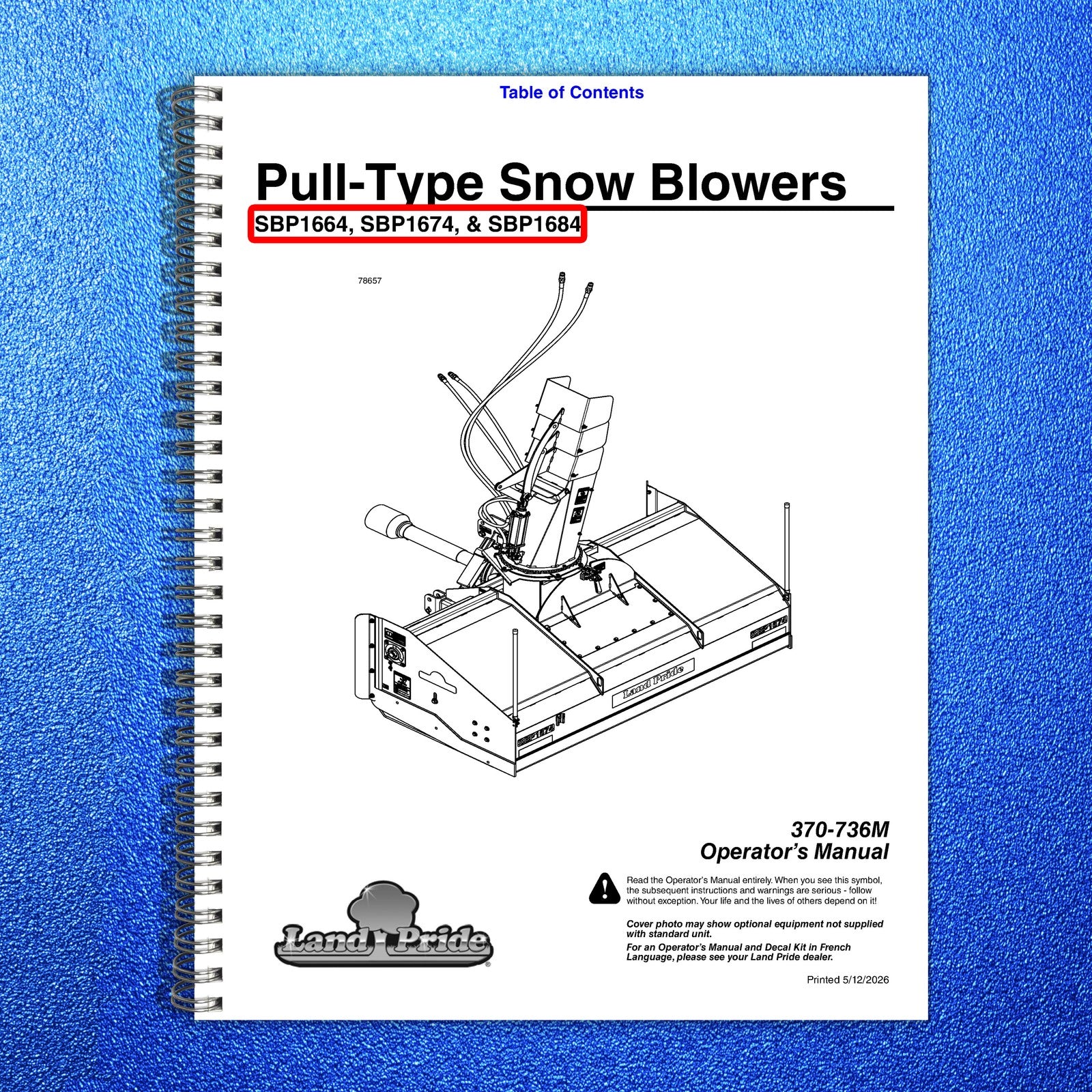 LAND PRIDE SBP16 Series Snow Blowers Operators Manual 2026 - WIRE BOUND - COVERS