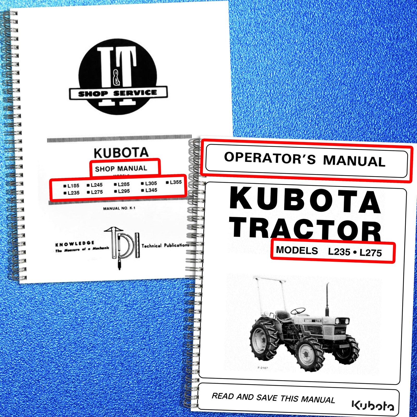 KUBOTA L185-L355 Service & Operators Manual BUNDLE - WIRE BOUND - TOUGH COVERS