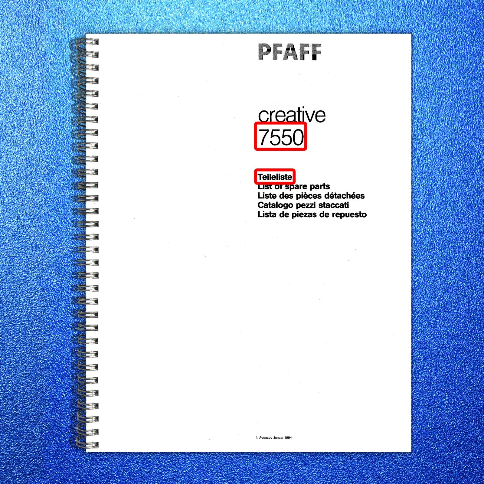 PFAFF Creative 7550 Illustrated Parts List Manual 1994 - WIRE BOUND - COVERS