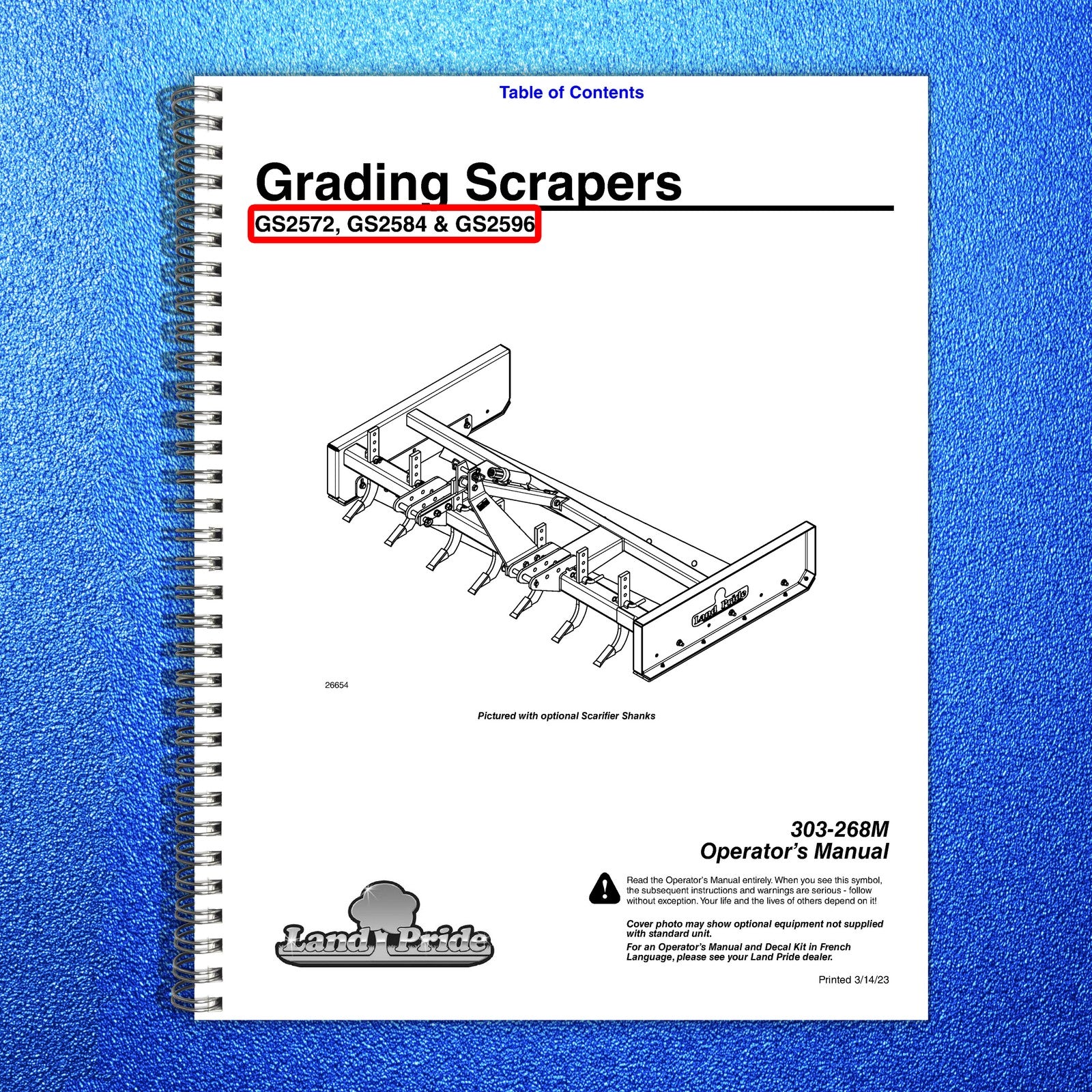 LAND PRIDE GS25 Series Grading Scrapers Operators Manual - WIRE BOUND - COVERS