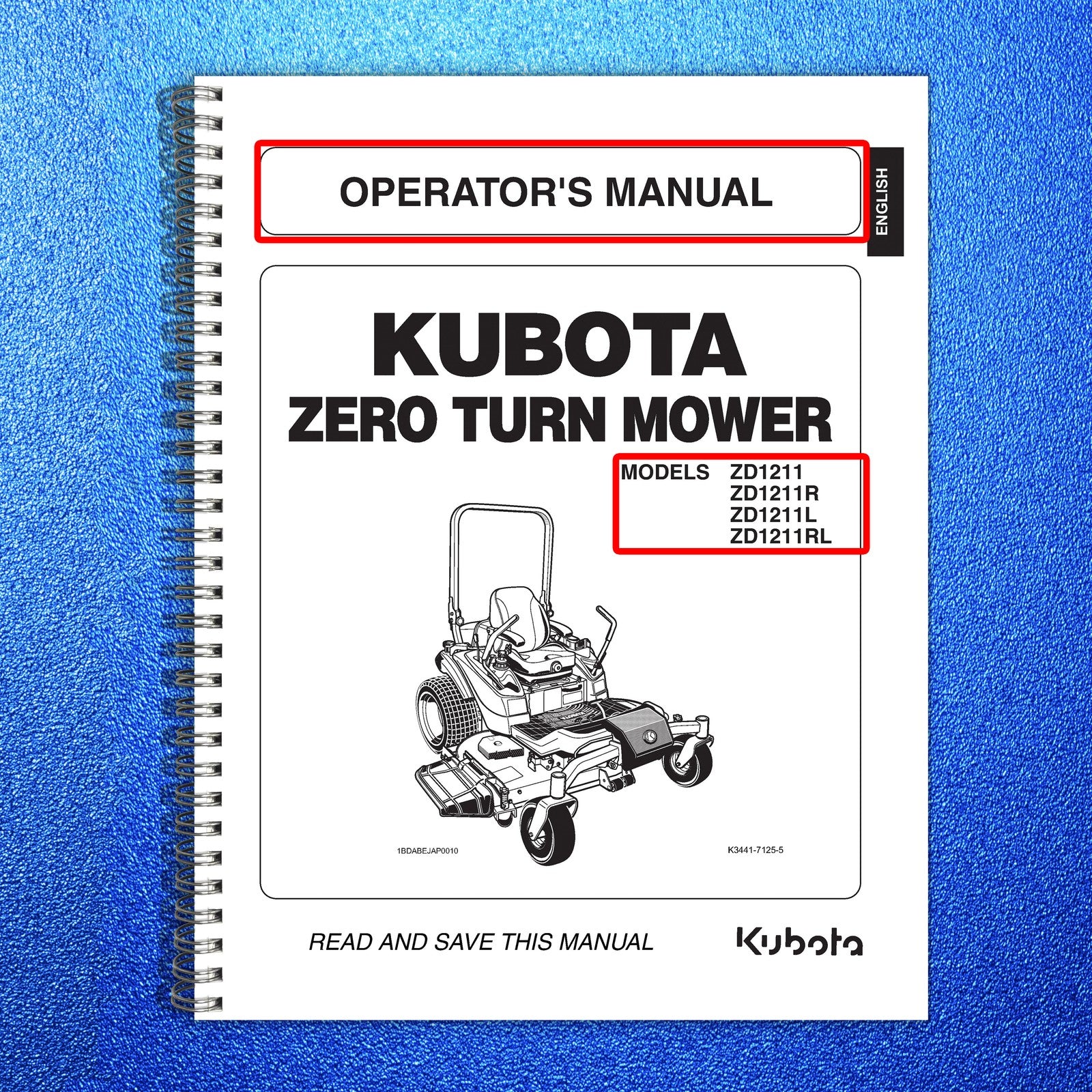 KUBOTA ZD1211 ZD1211R ZD1211L ZD1211RL Operators Manual - WIRE BOUND - COVERS