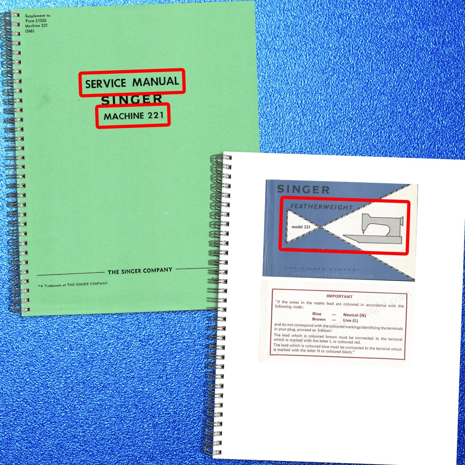 SINGER Featherweight 221 Service & Operators Manuals BUNDLE - WIRE BOUND