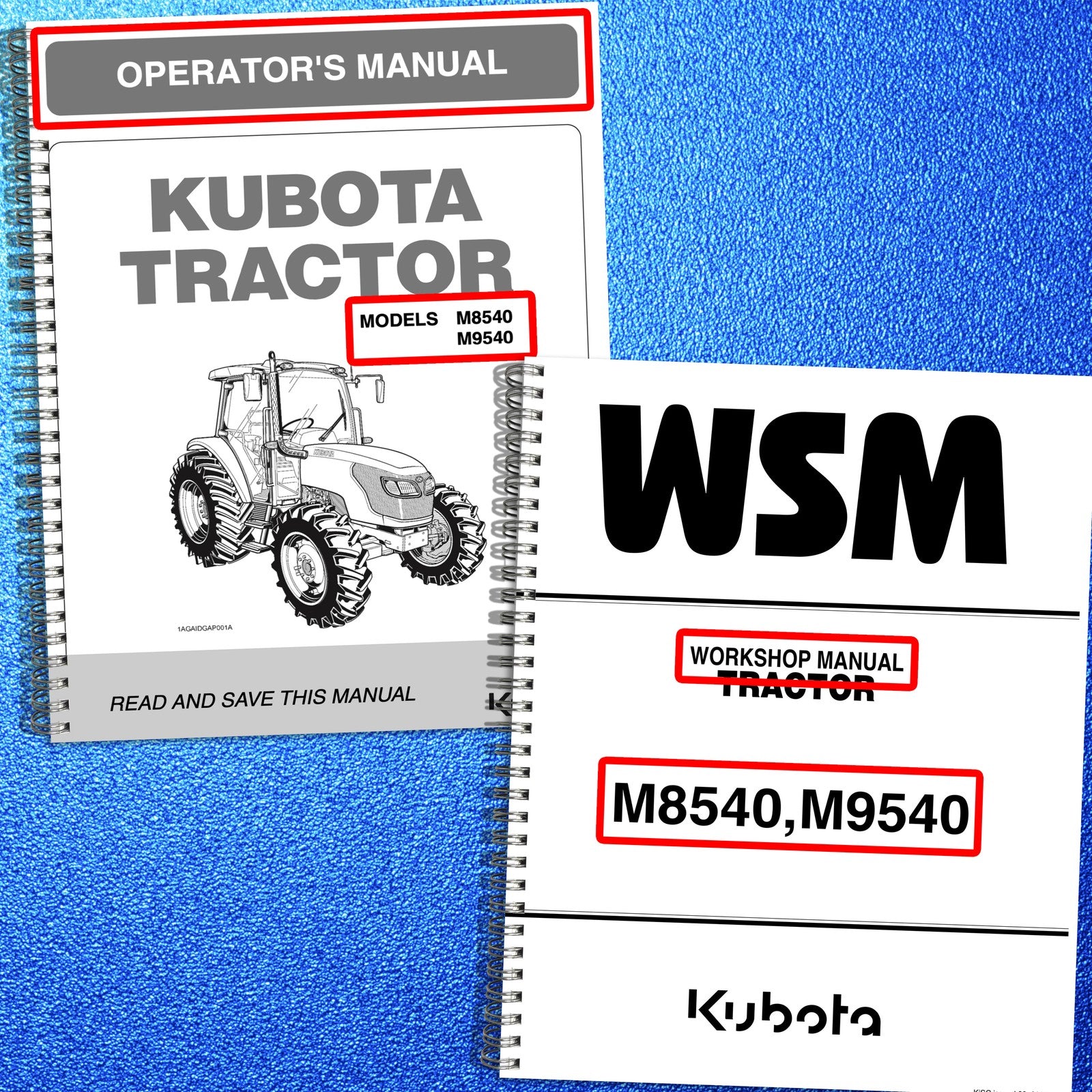 KUBOTA M8540 M9540 Workshop & Operators Manual BUNDLE - WIRE BOUND - COVERS