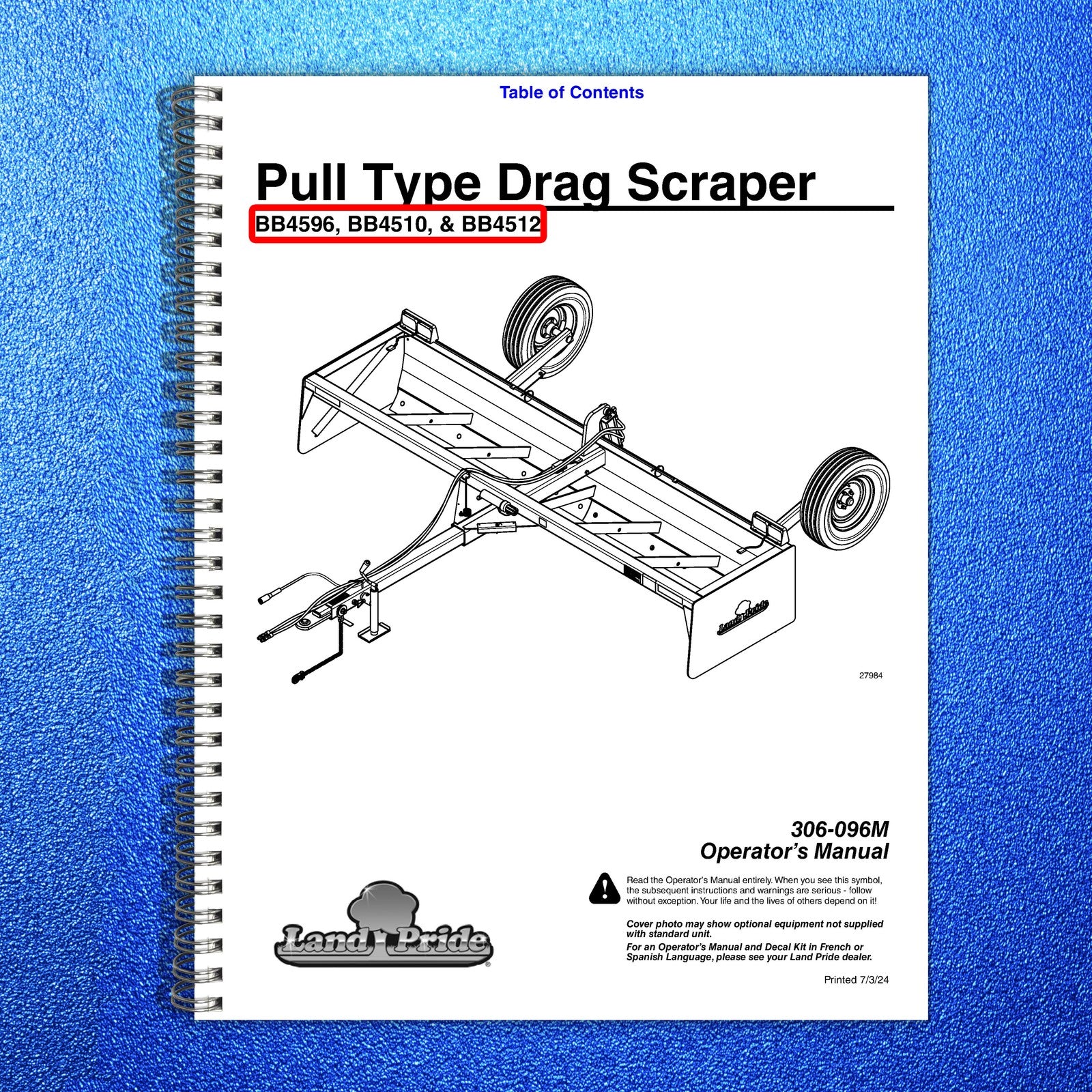 LAND PRIDE BB45 Series Drag Scrapers Operators Manual - WIRE BOUND - COVERS