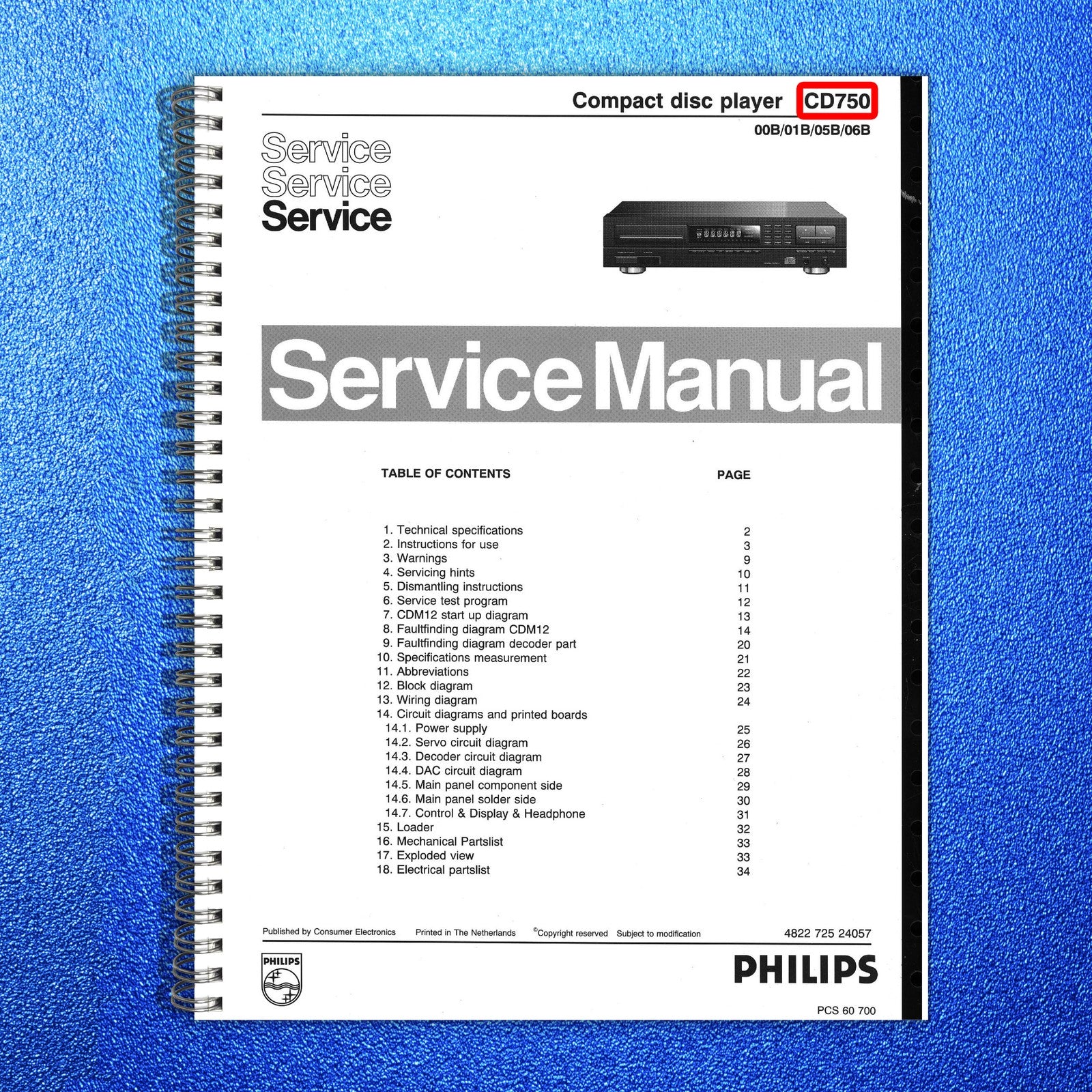 PHILIPS CD 750 Compact Disc Player Service Manual - WIRE BOUND - TOUGH COVERS