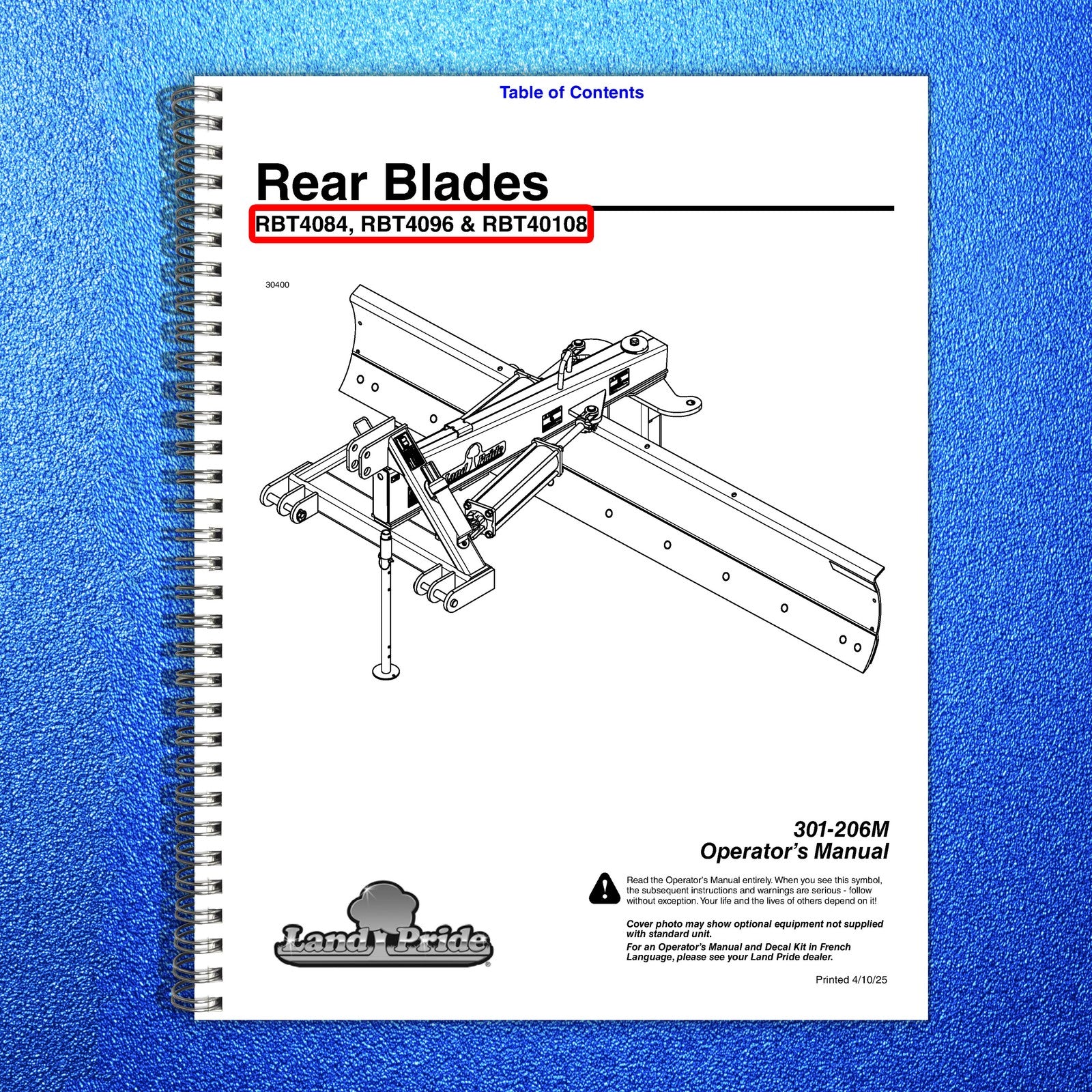 LAND PRIDE RBT4096 Series Rear Blades Operators Manual - WIRE BOUND - COVERS