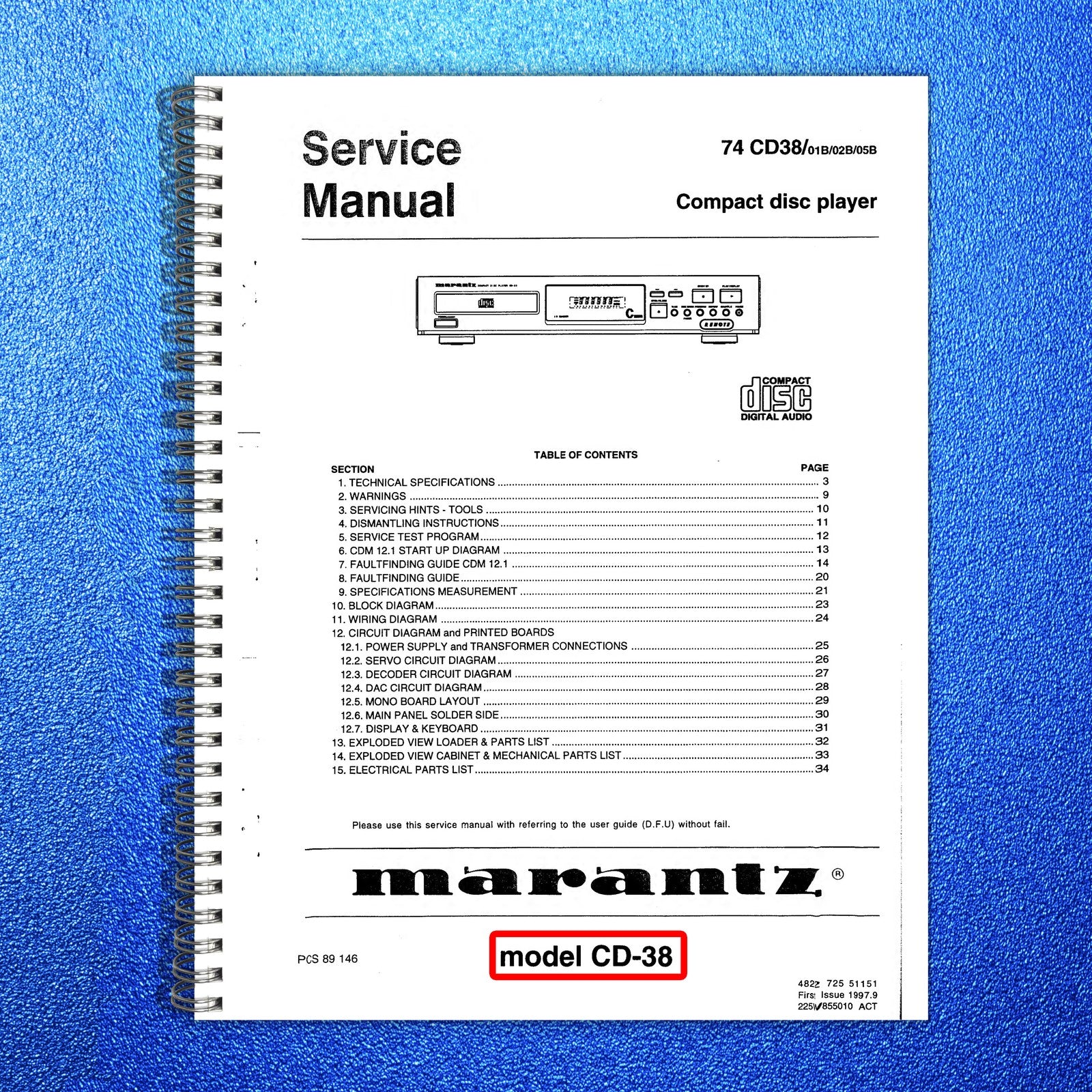 MARANTZ CD-38 CD Player Service Manual - STEEL WIRE BOUND - PROTECTIVE COVERS