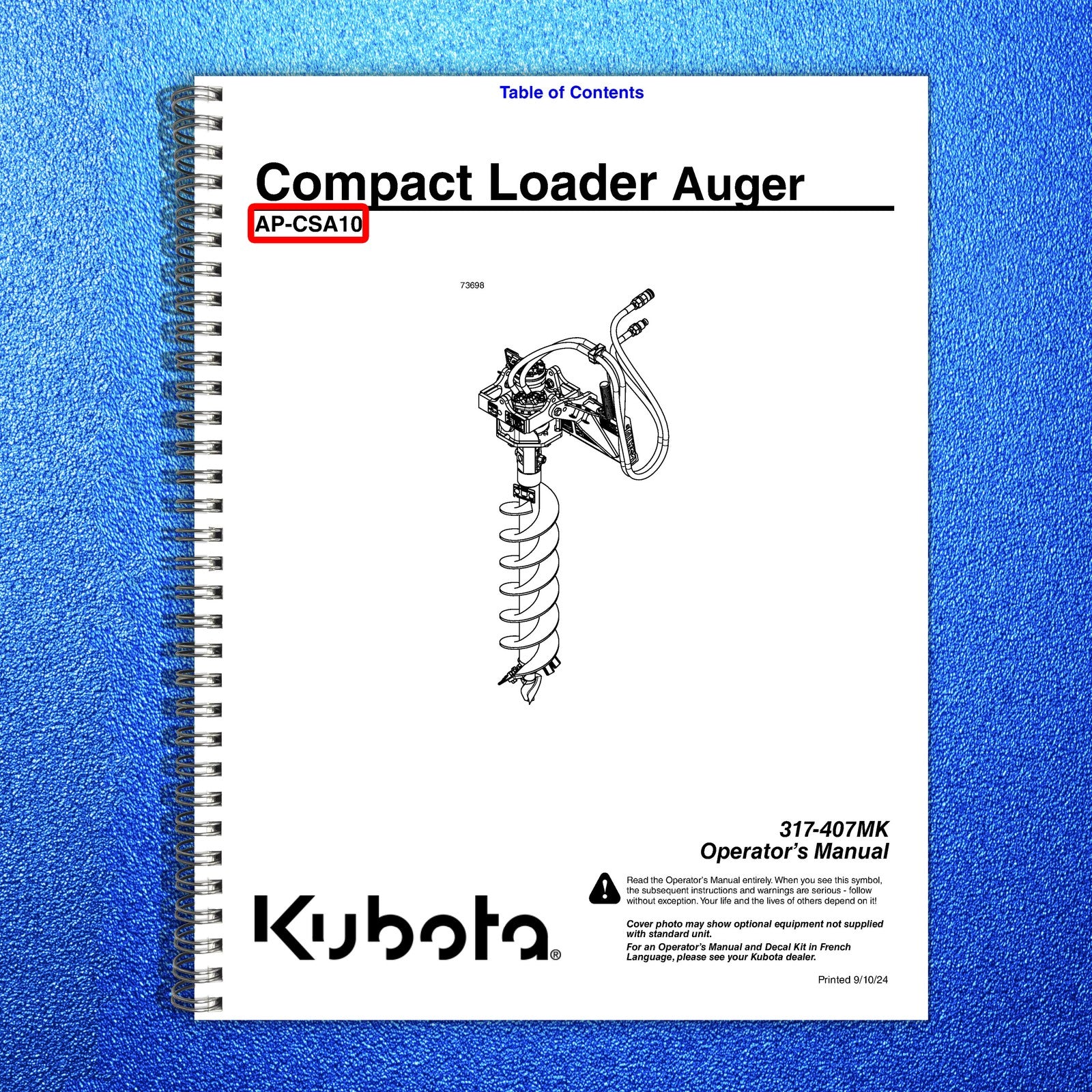 LAND PRIDE CSA10 Series Compact Augers Operators Manual - WIRE BOUND - COVERS