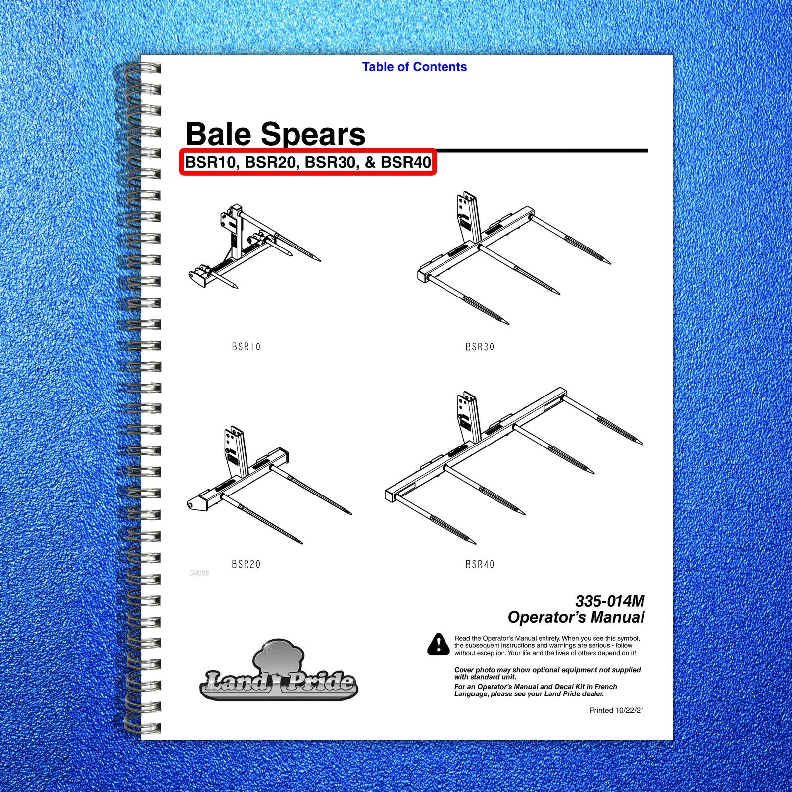 LAND PRIDE BSR10 Series Bale Spears Operators Manual - WIRE BOUND - TOUGH COVERS