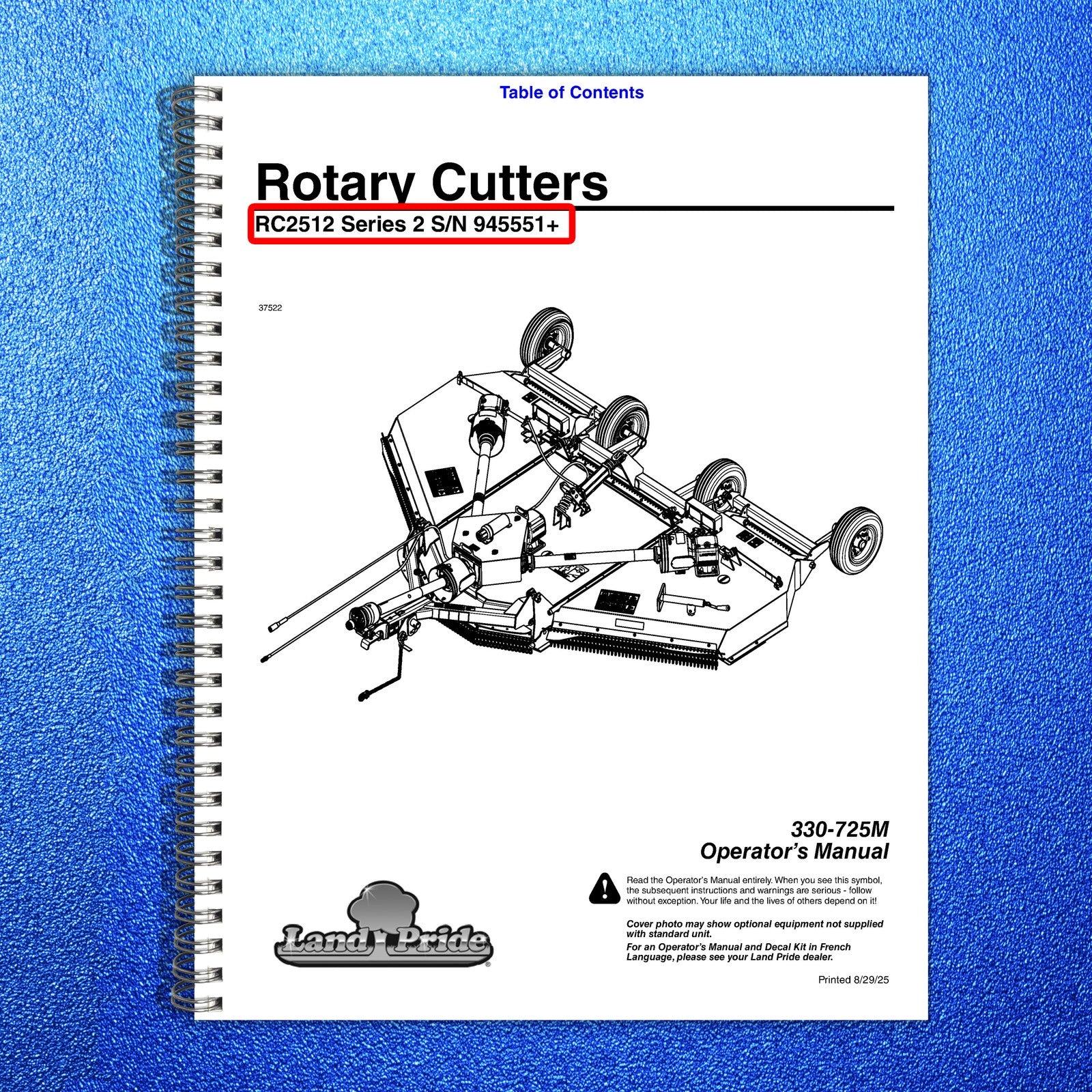 LAND PRIDE RC2512 Rotary Cutters Operators Manual - WIRE BOUND - TOUGH COVERS