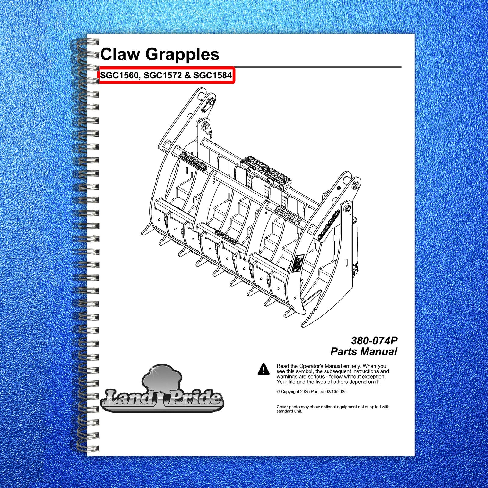 LAND PRIDE SGC15 Series Claw Grapples Parts Manual 2025 - WIRE BOUND - COVERS
