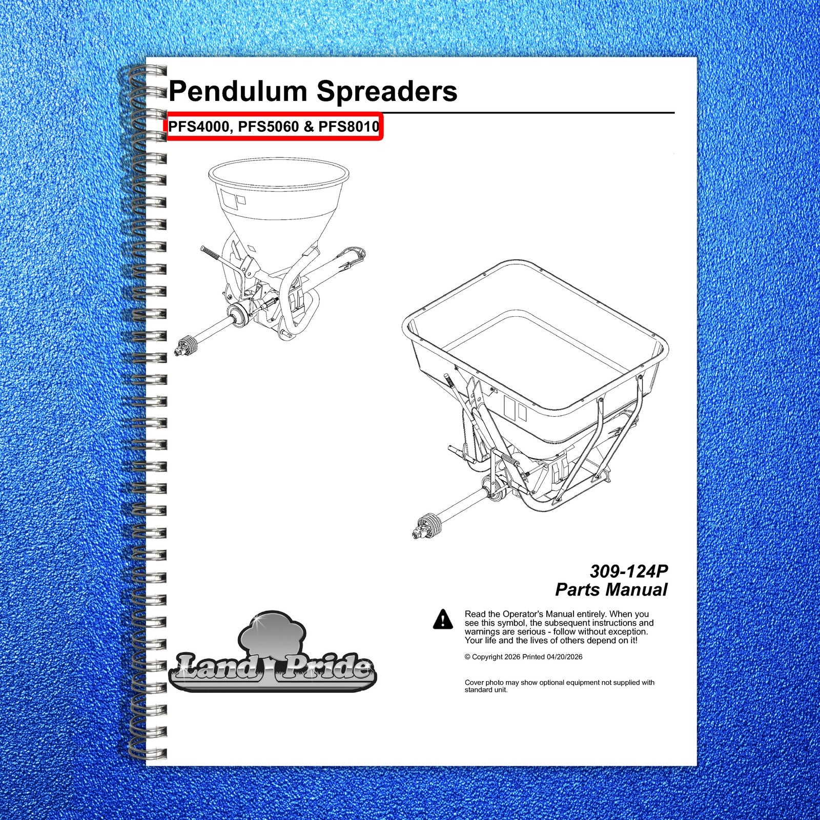 LAND PRIDE PFS Series Spreaders Parts Manual 2026 - WIRE BOUND - TOUGH COVERS