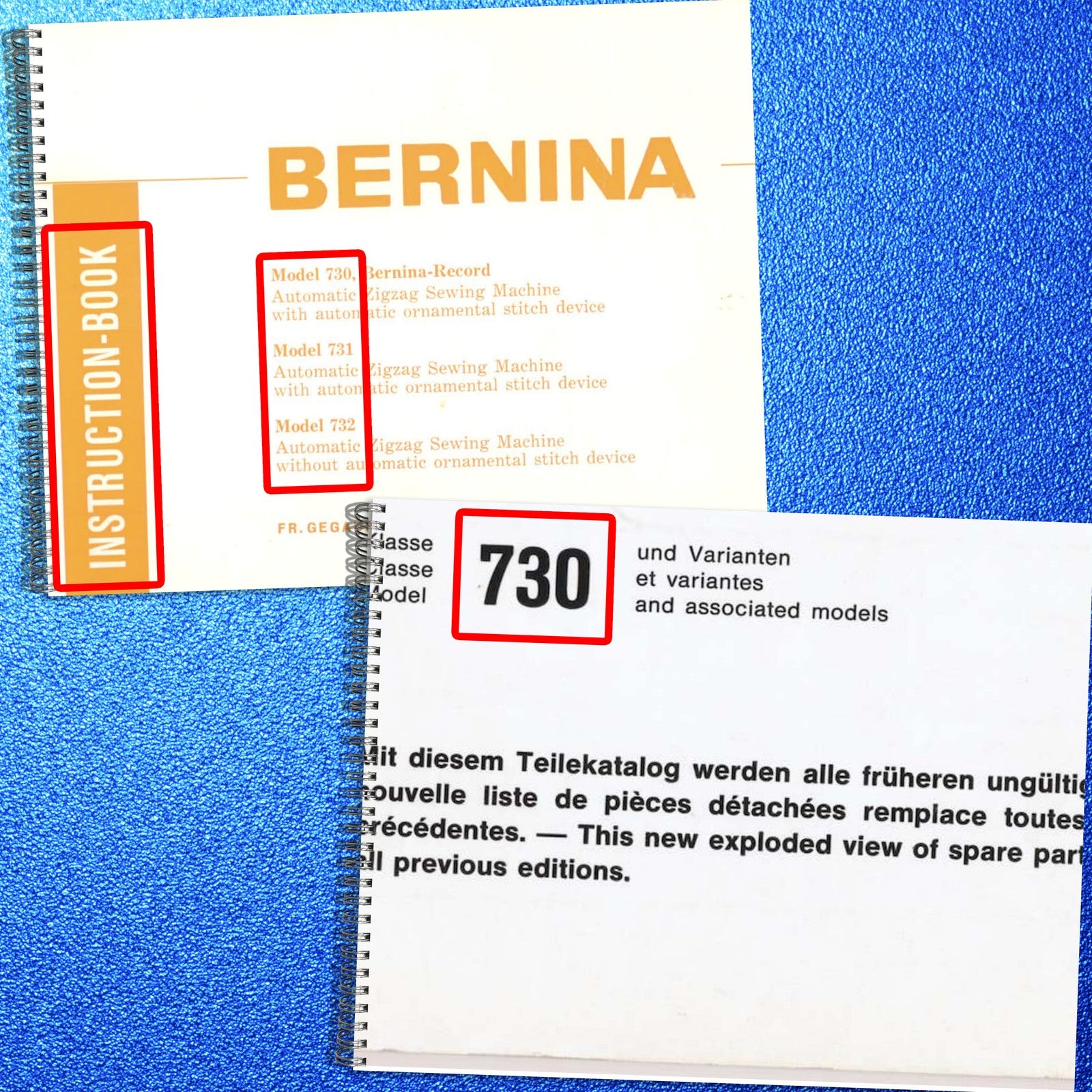 BERNINA 730 731 732 Record Operators & Parts Manual BUNDLE - WIRE BOUND - COVERS
