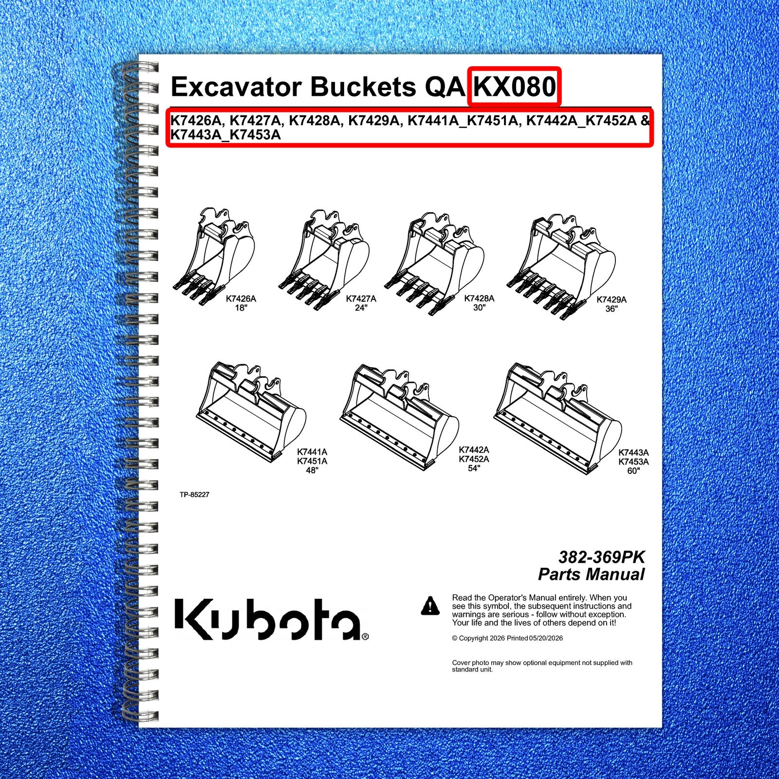 LAND PRIDE K74XX KX080 K-series Excavator Buckets Parts Manual 2026 - WIRE BOUND