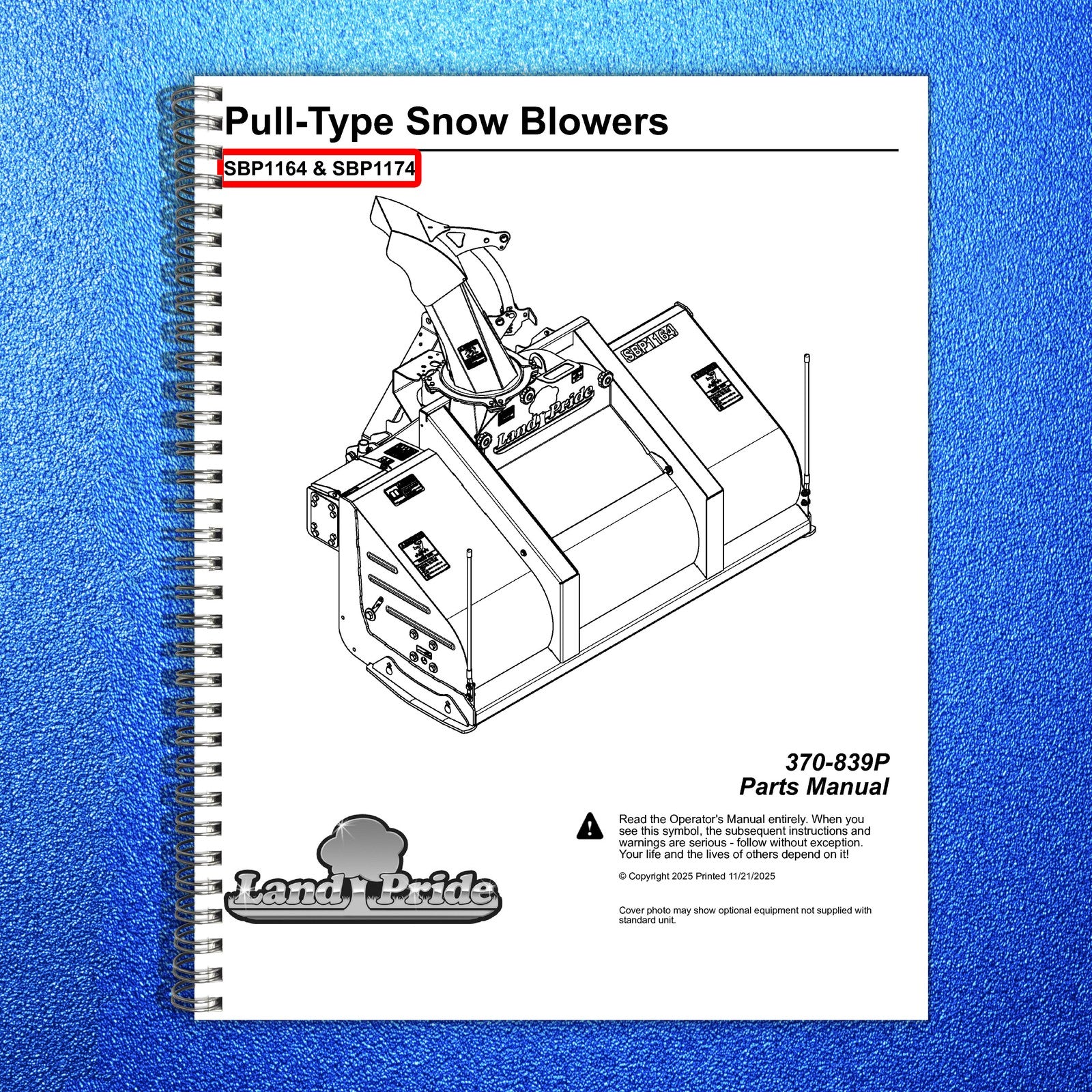 LAND PRIDE SBP11 Series Snow Blowers Parts Manual 2025 - WIRE BOUND - COVERS